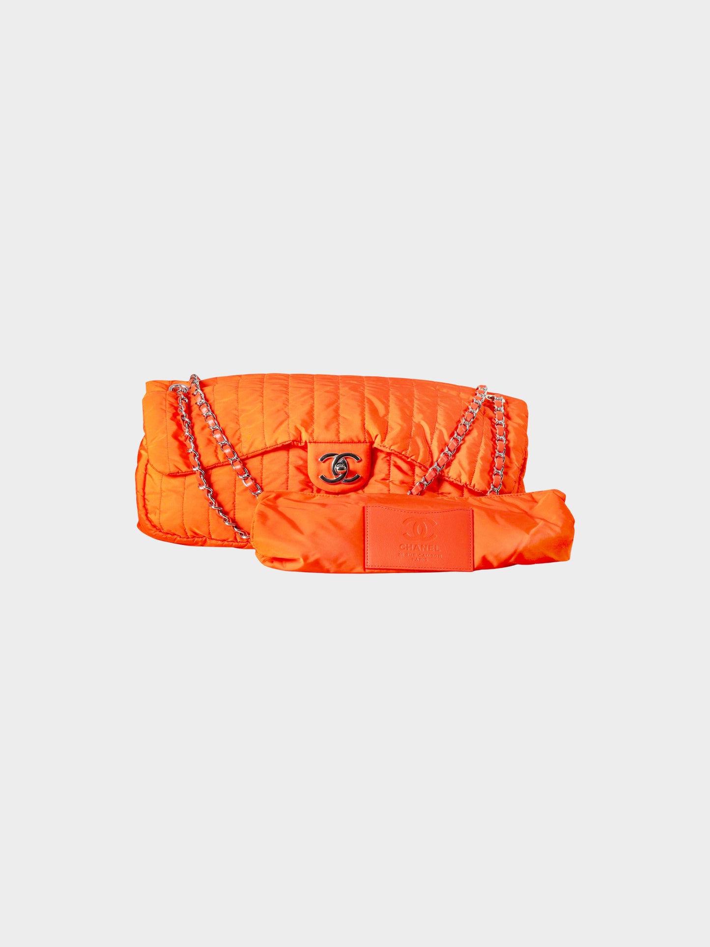 Chanel 2012 Orange Nylon Vertical Quilt Jumbo Flap Bag