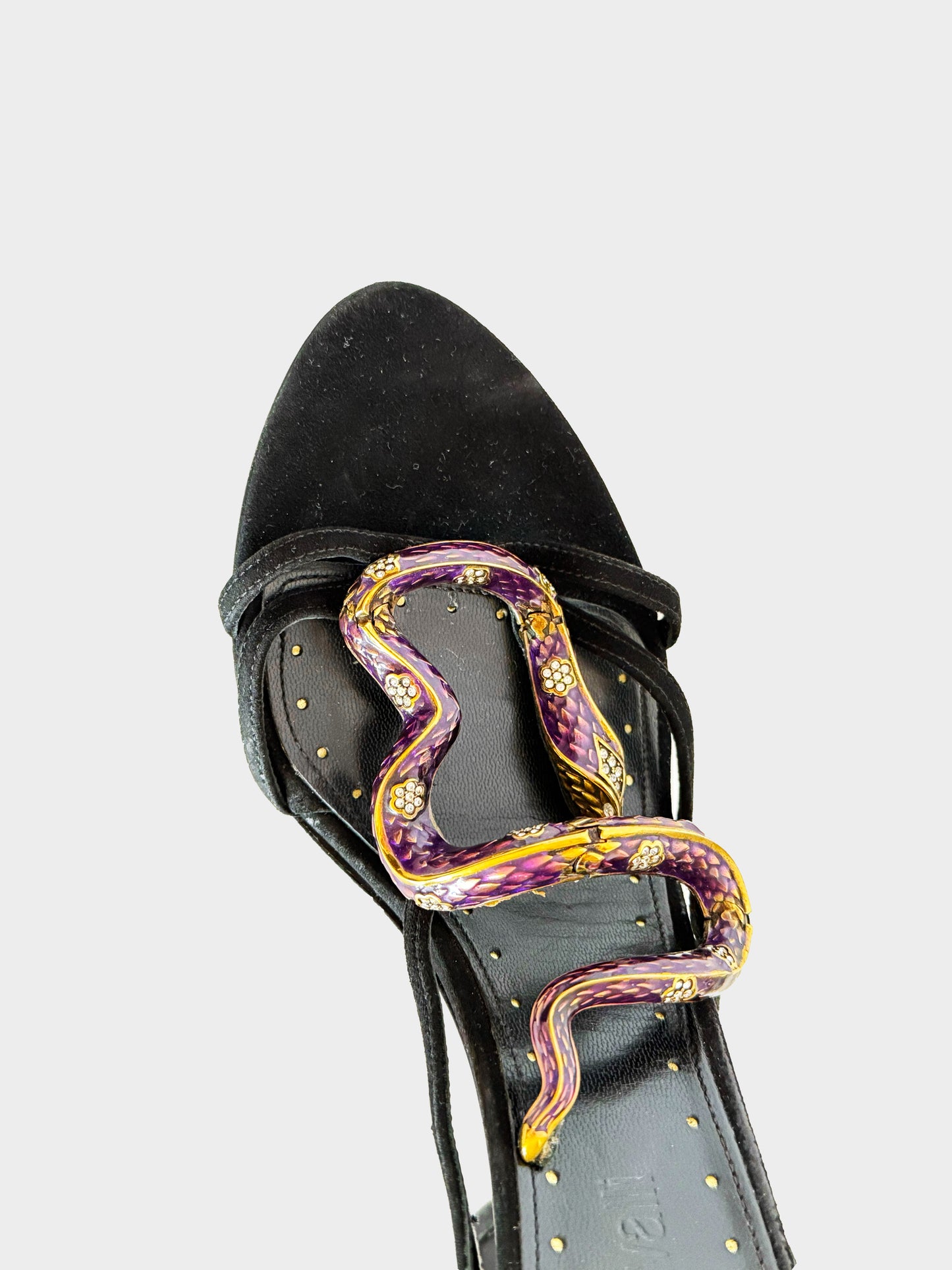 Roberto Cavalli Late 2010s Black and Purple Snake Heels