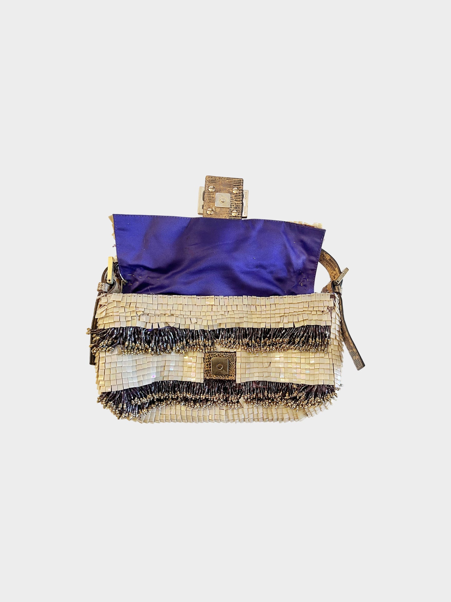 Fendi 2000s Mother of Pearl Beaded Baguette with Lizard Trim