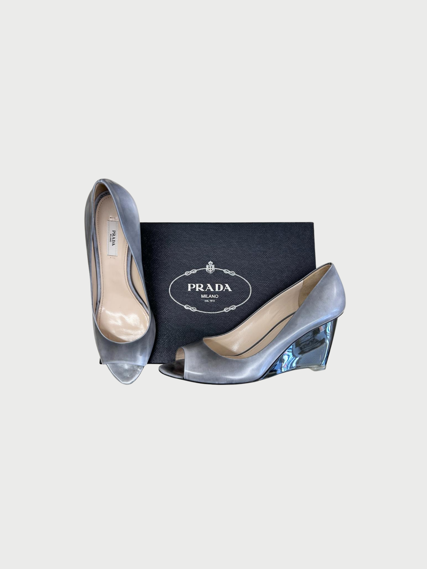 Prada SS 1998 Grey Leather Lucite Wedge Peep Toe Heels