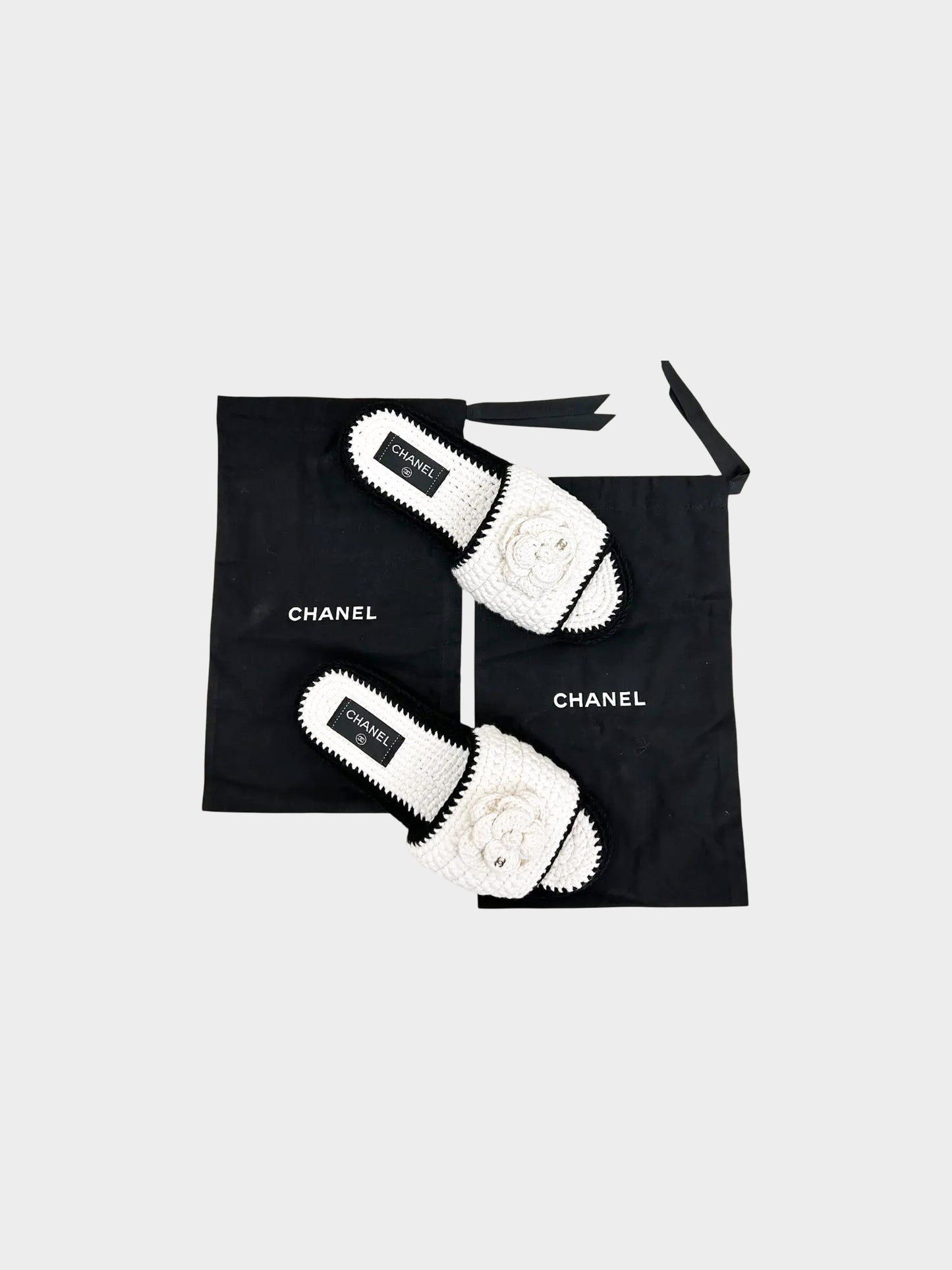 Chanel 2023 Ivory and Black Crochet Camellia Sandals