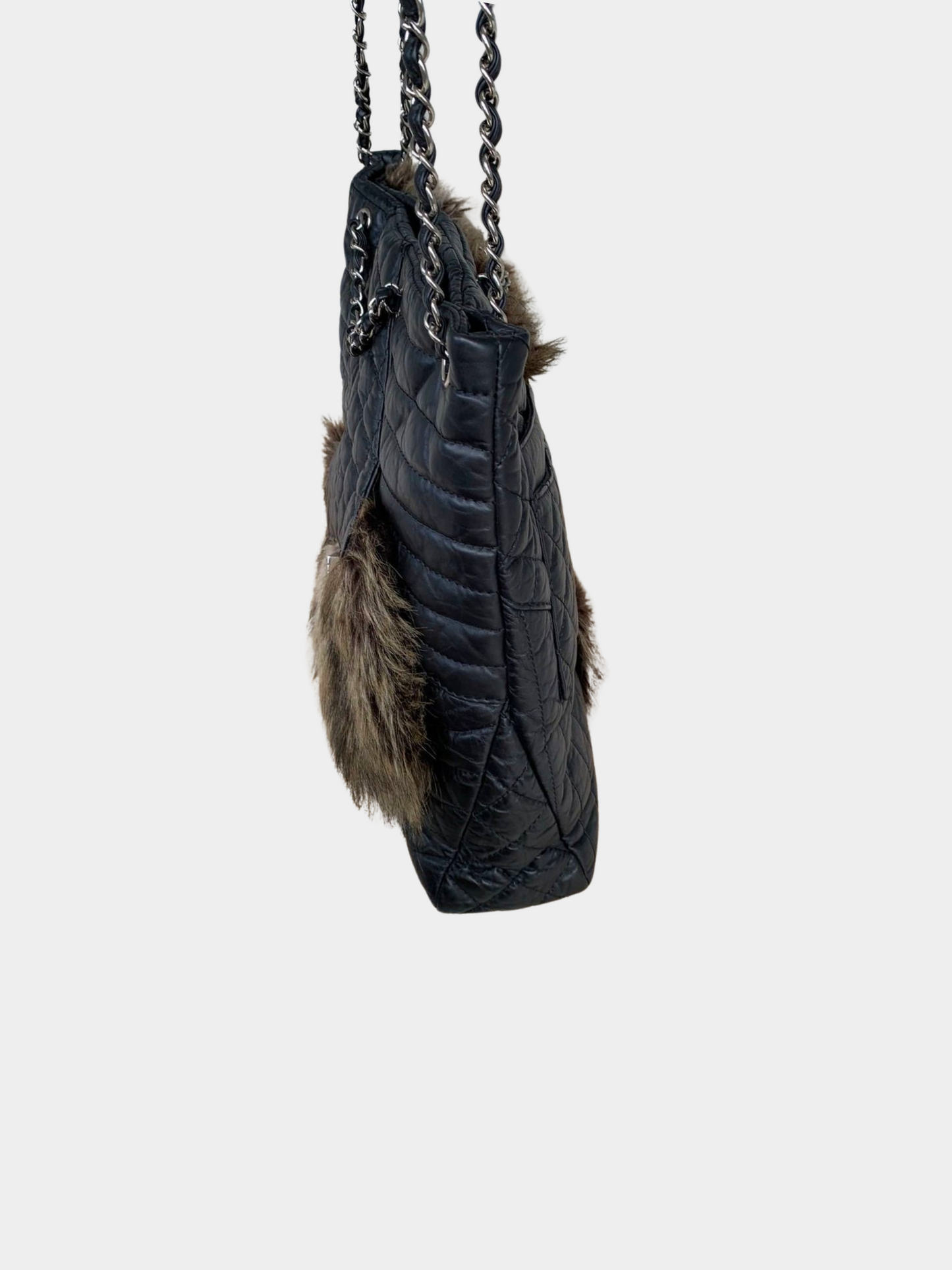 Chanel 2000s Black Quilted Leather Fur-Trim Tote Bag