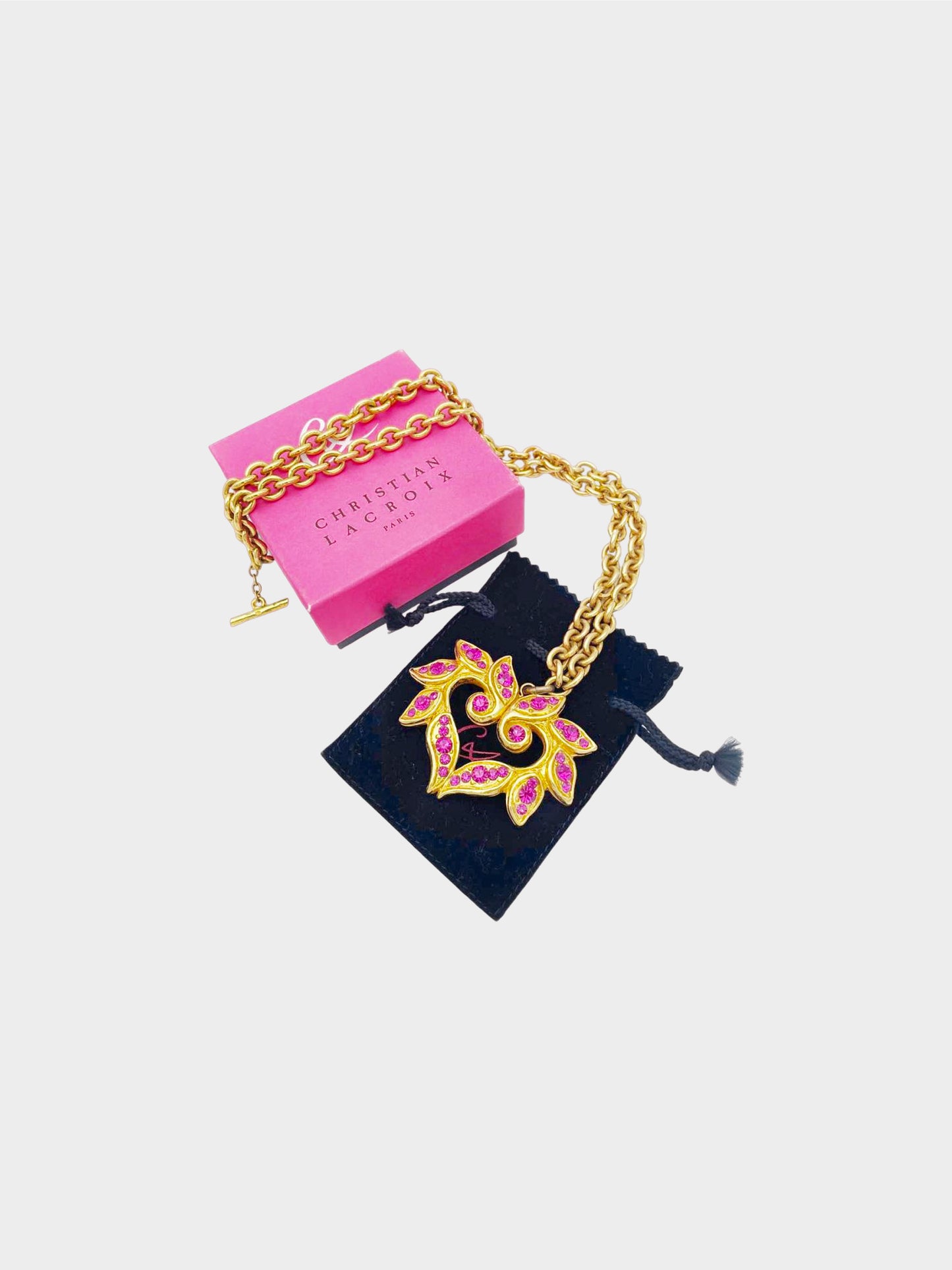 Christian Lacroix 1990s Pink Crystal Heart Pendant Chain Necklace