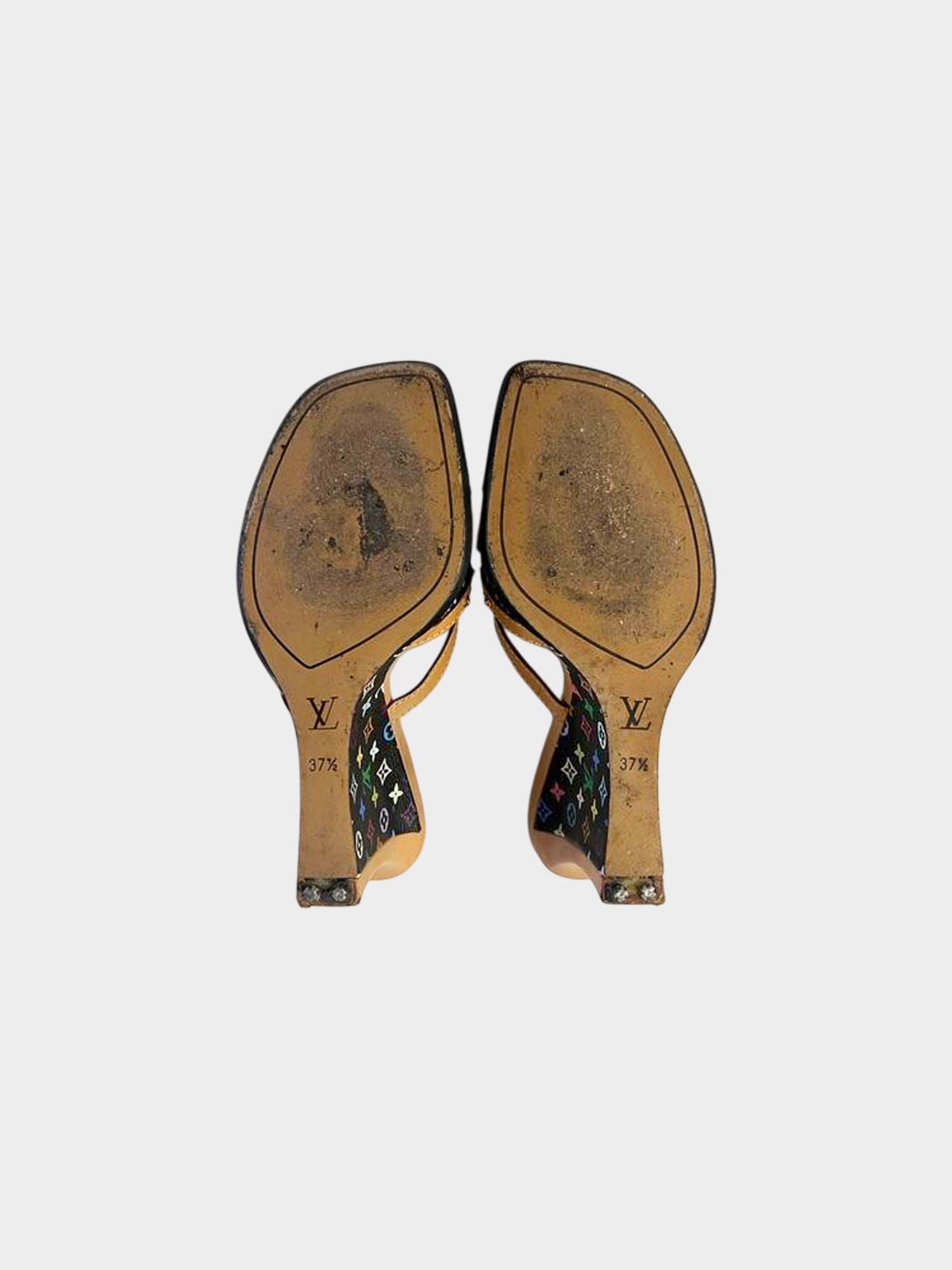 Louis Vuitton Early 2000s Takashi Murakami Black Multicolor Wedge Sandals with Bow
