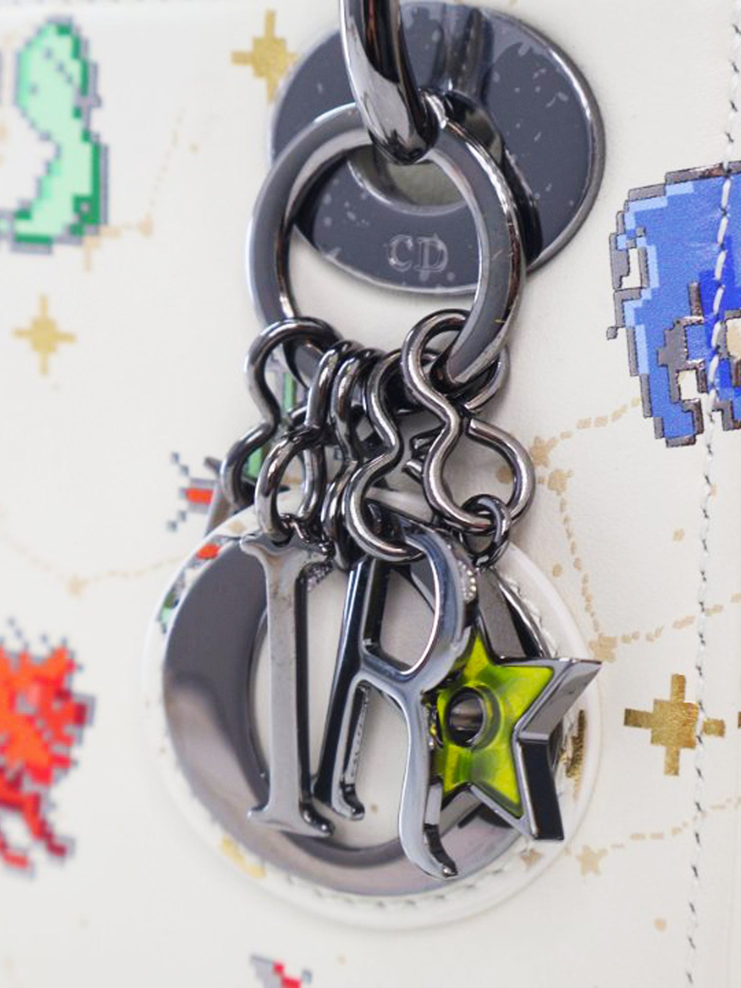 Christian Dior 2022 White and Multicolor Zodiac Pixel Print Mini Lady Dior 2-Way Hand Bag