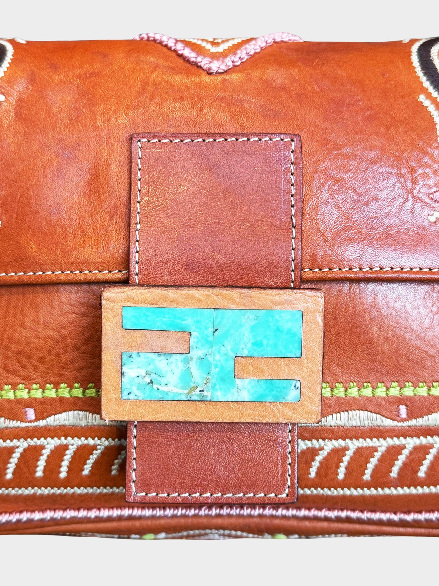 Fendi 1990s Brown Leather Floral and Geometric Embroidered Baguette