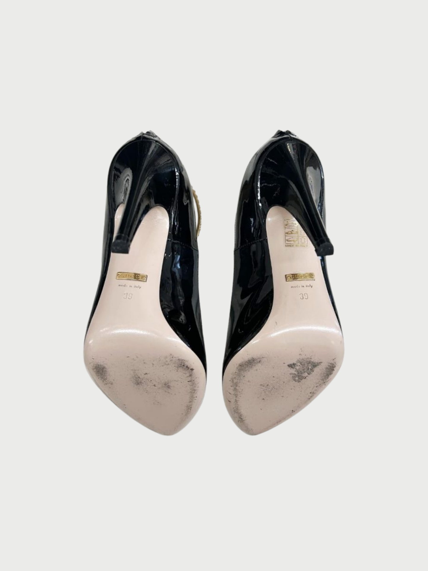 Gucci 2010s Black Patent Leather Studded Ankle Strap Heels