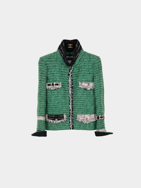 Chanel 2000s Green Bouclé Tweed Color-Block Four-Pocket Jacket