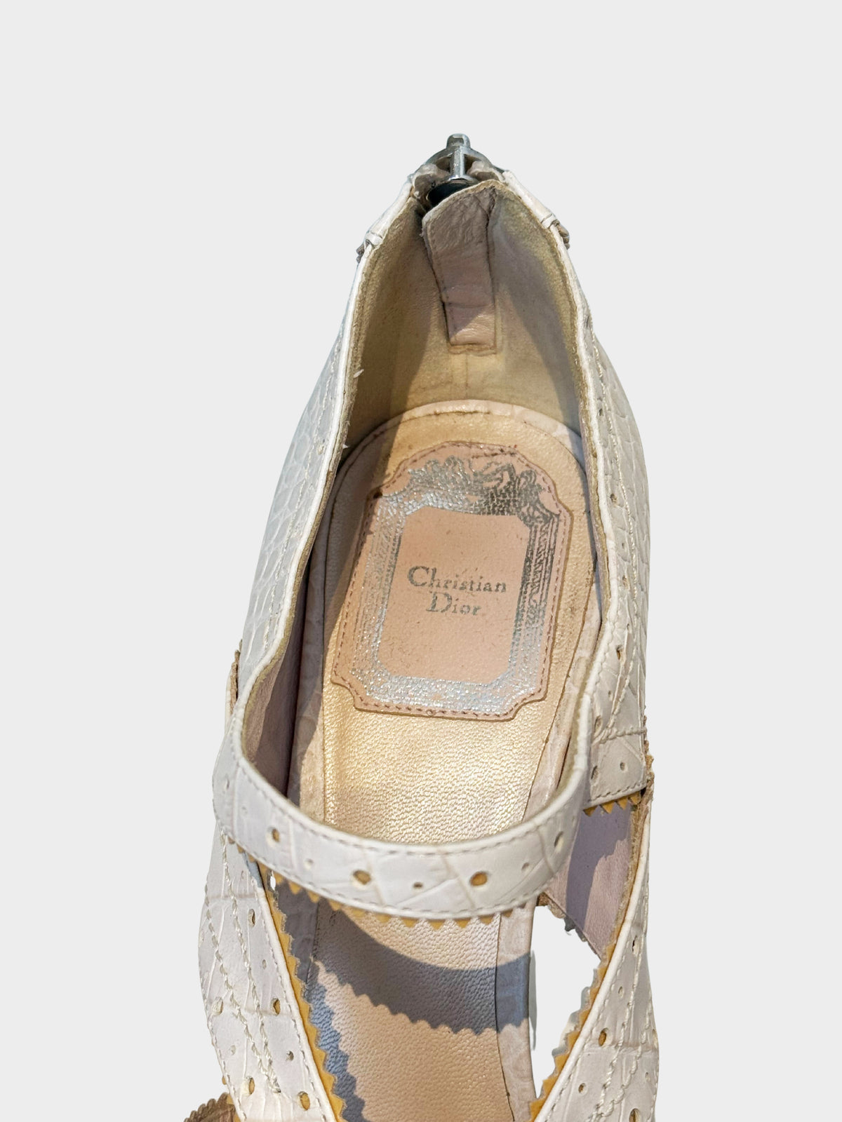 Christian Dior 2000s White Stamped Croc "Bonnie" Wedge Sandals