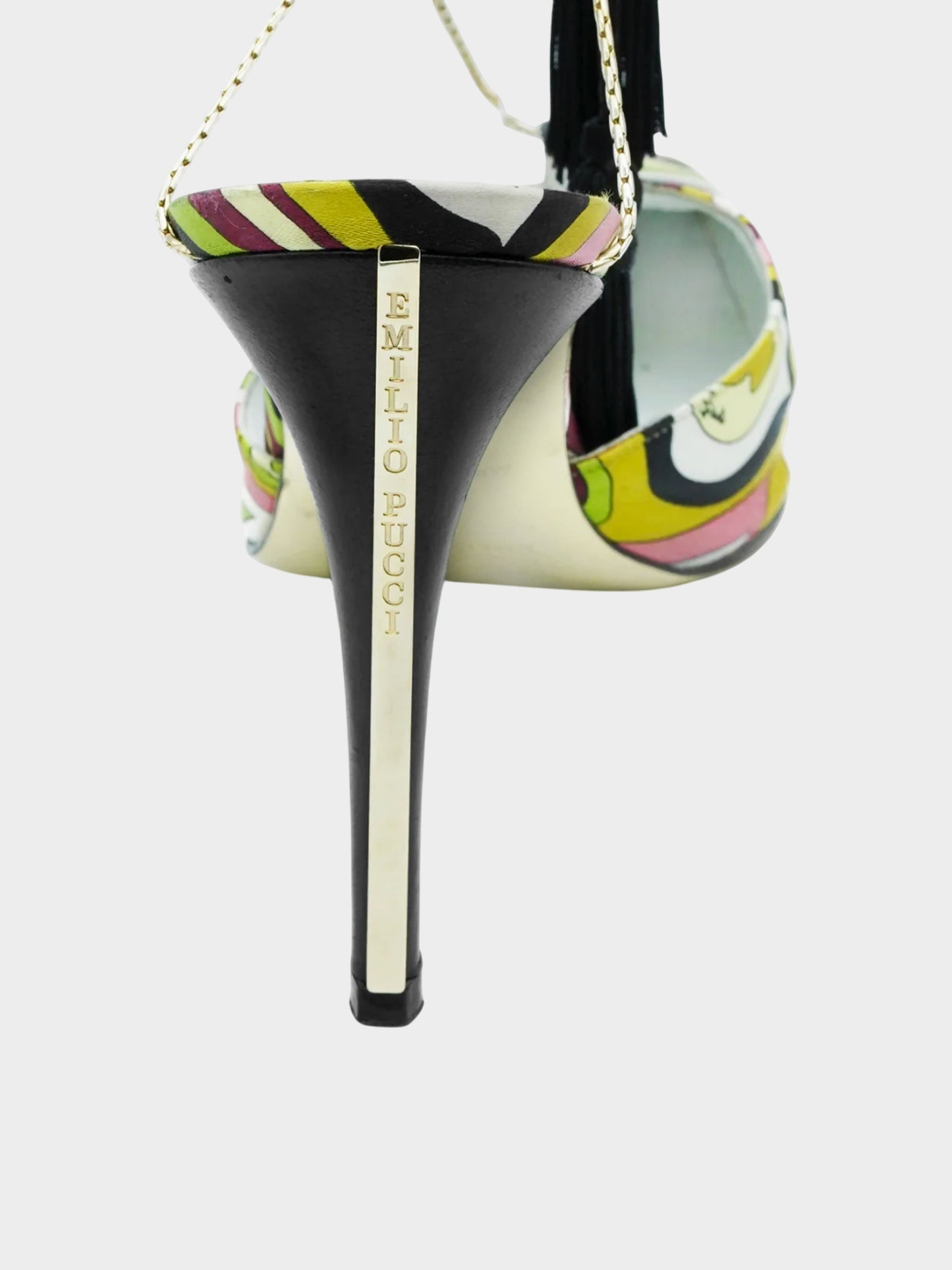 Emilio Pucci 2000s Silk Geometric Pattern Print Heels with Black Tassels