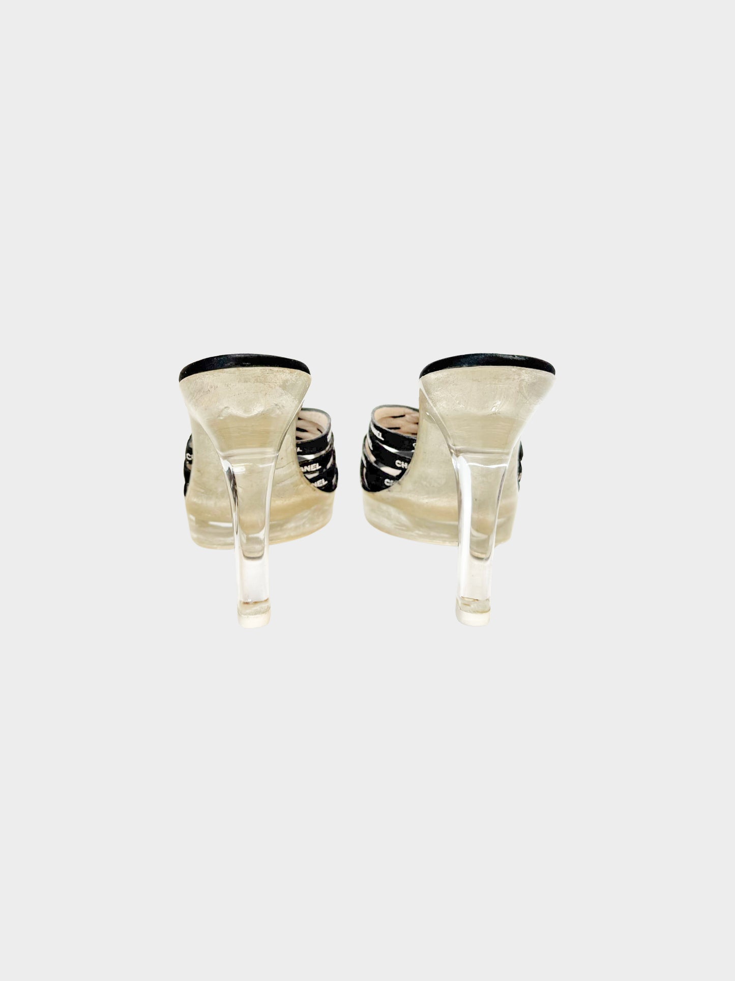 Chanel SS 1997 Black Ribbon Logo PVC Heeled Mules