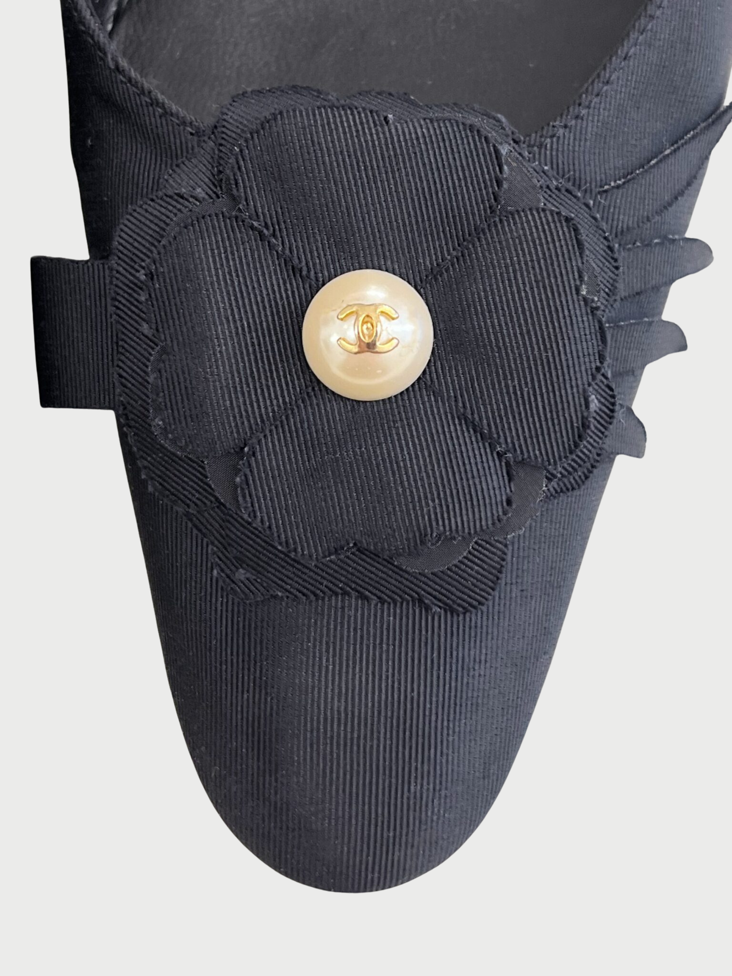 Chanel 2020s Black Grosgrain Leather Camellia Pearl Slingback Heels