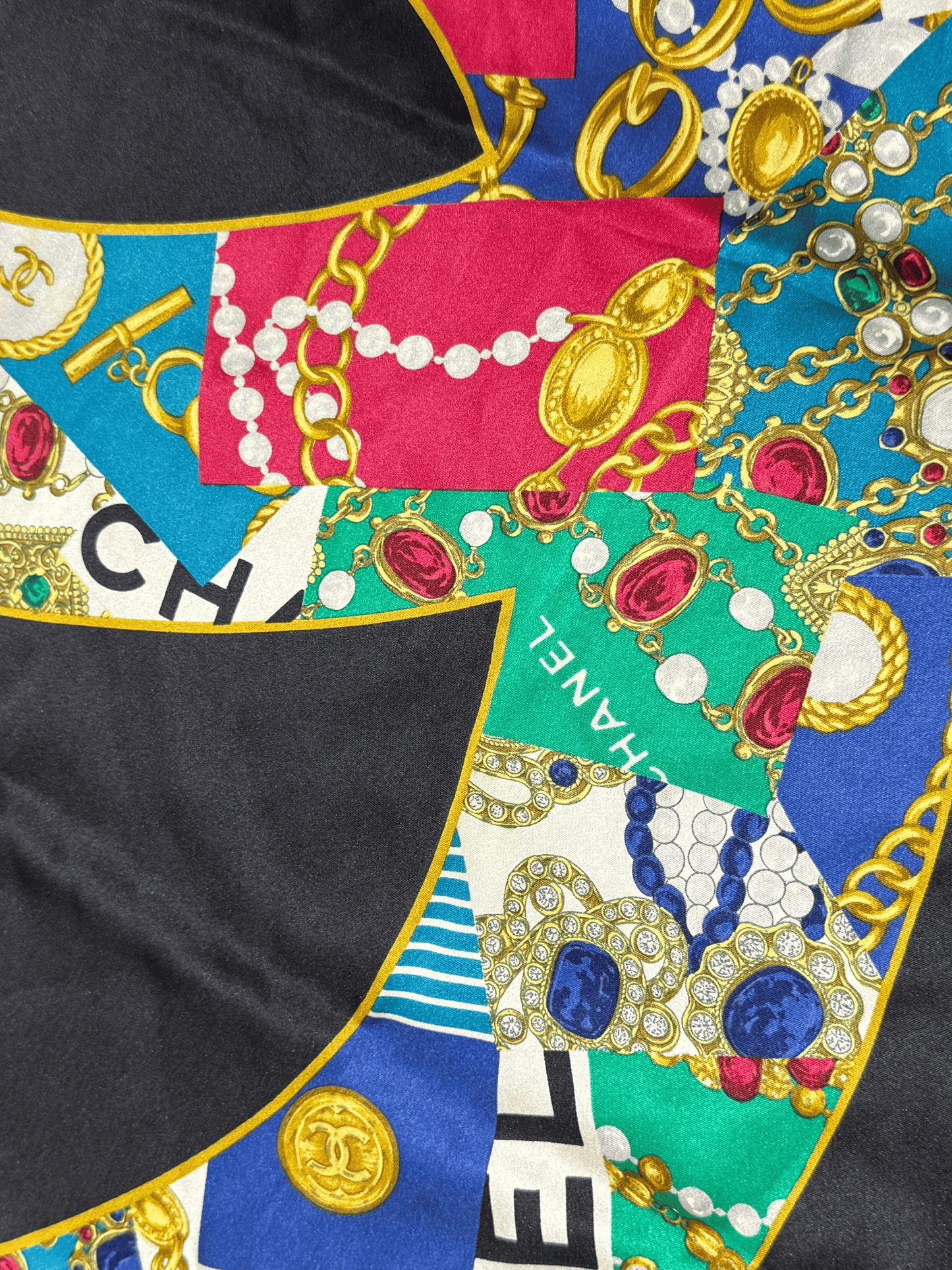 Chanel 1990s Black Multicolor Big CC Jewelry Mosaic Silk Scarf