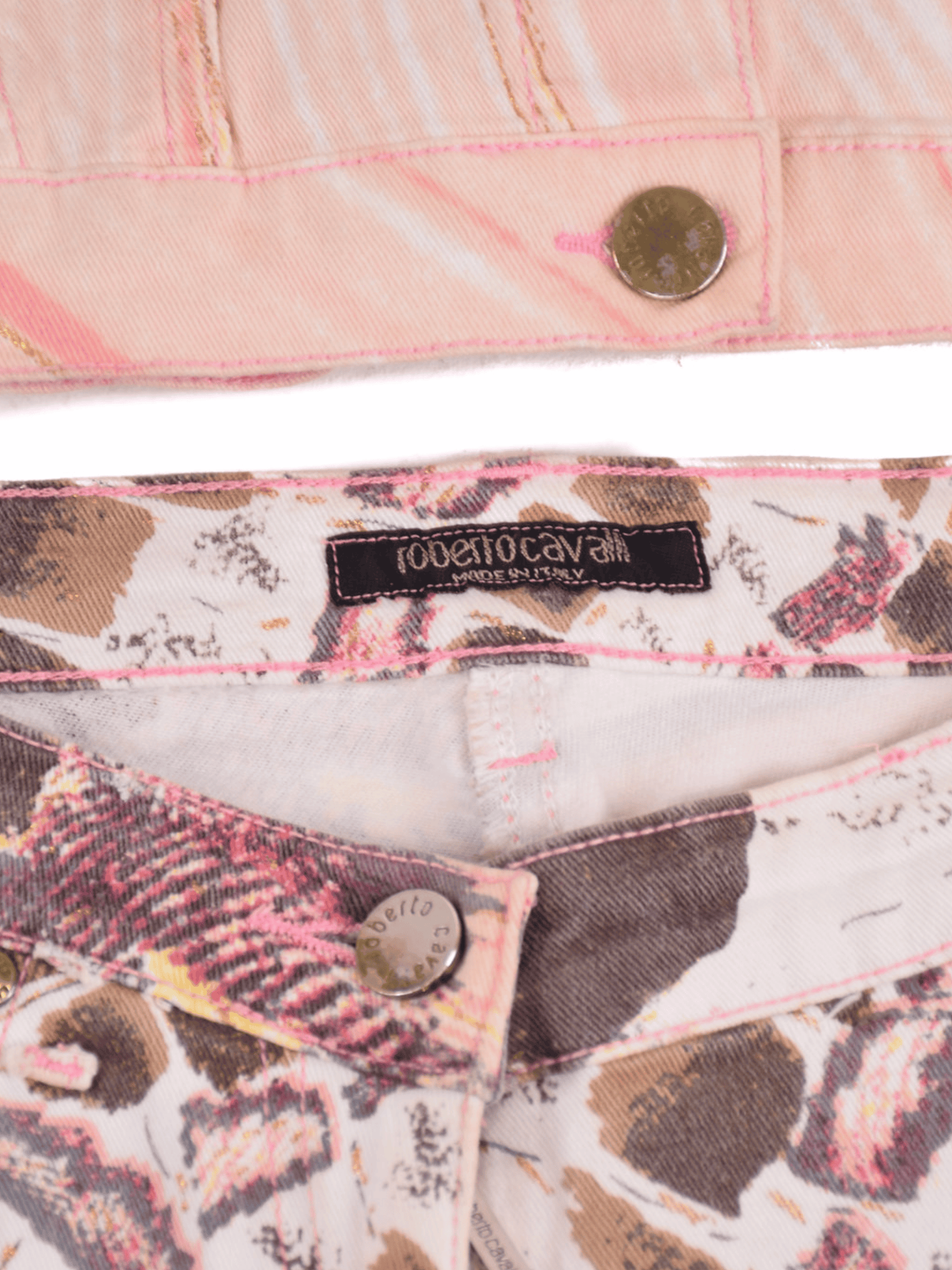 Roberto Cavalli SS 2004 Pink Graphic Printed Jacket and Jeans Set