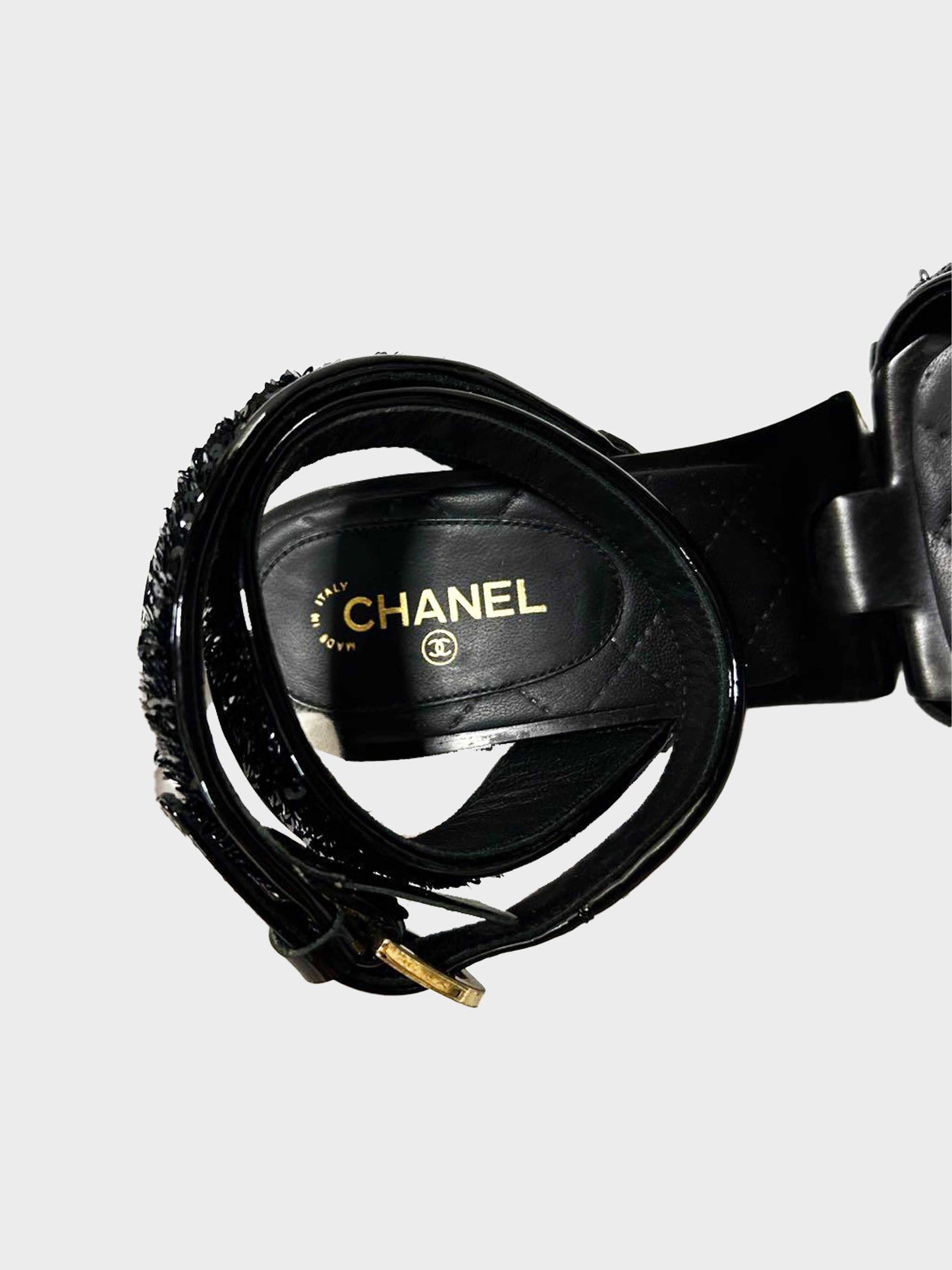 Chanel Cruise 2016 Black Patent Leather and Sequins Lotus Wedge Sandals