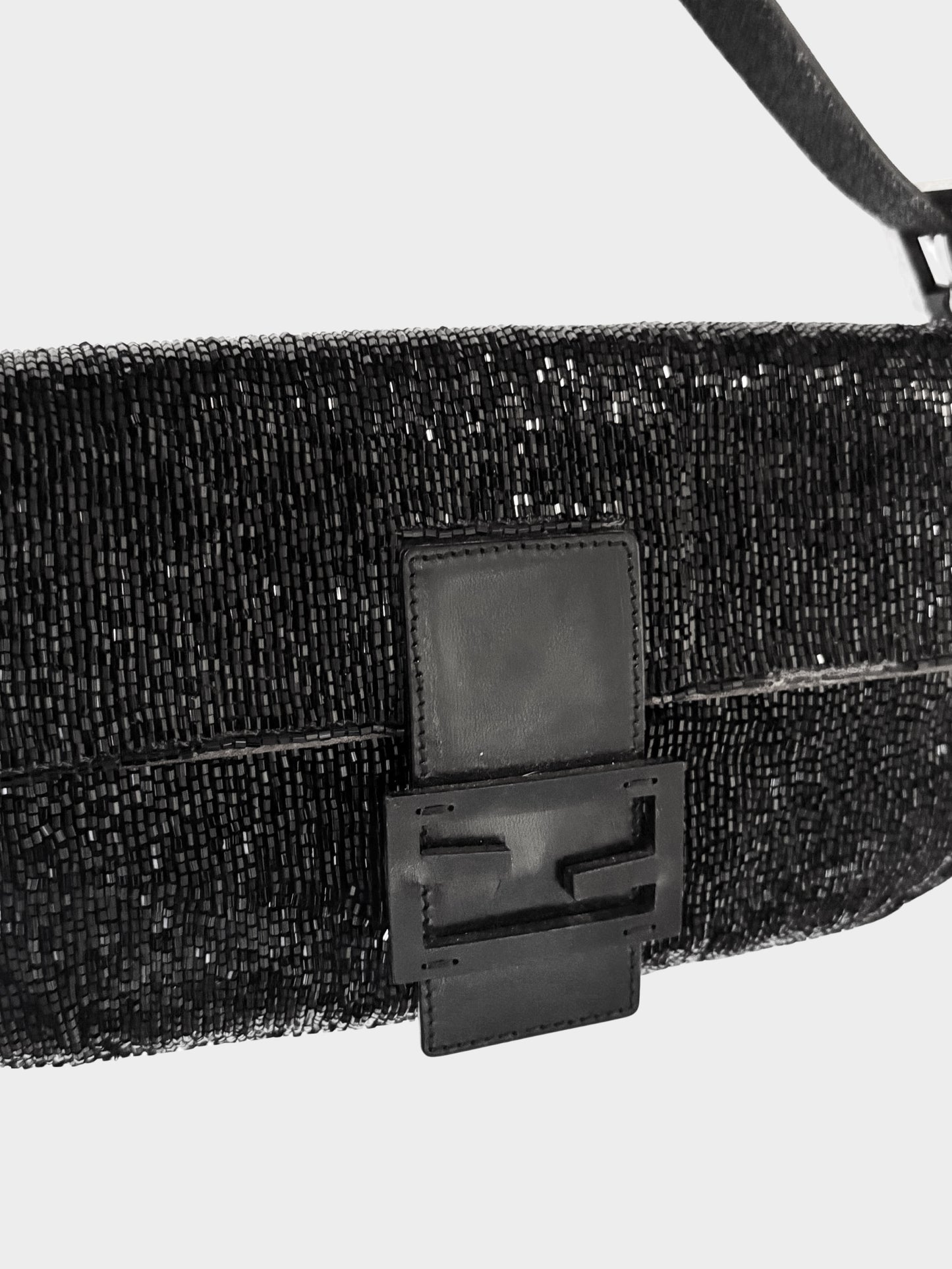 Fendi 20000s Black Beaded Embroidered Baguette