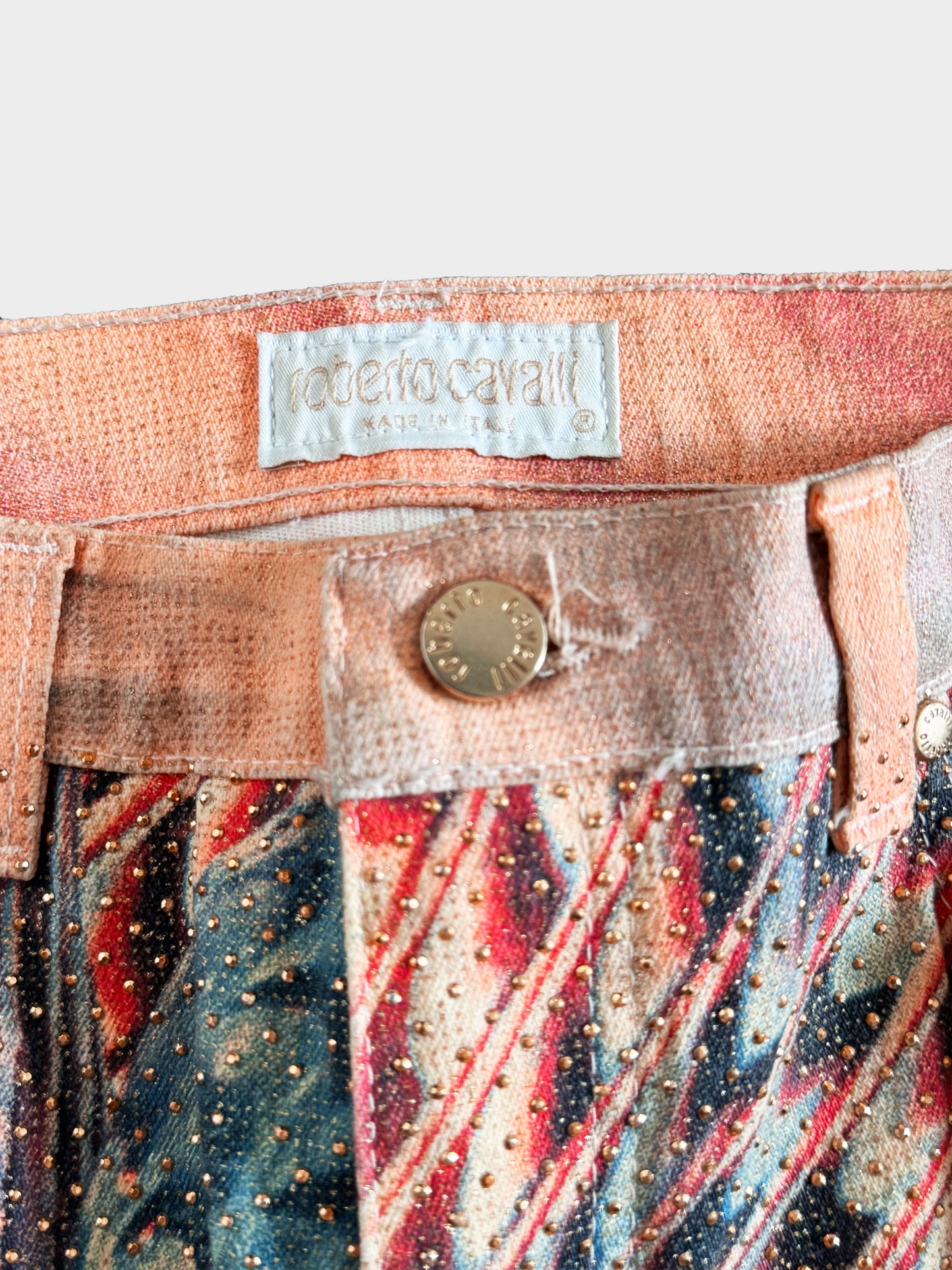 Roberto Cavalli SS 2001 Multicolored Psychedelic Printed Top and Studded Pants Set