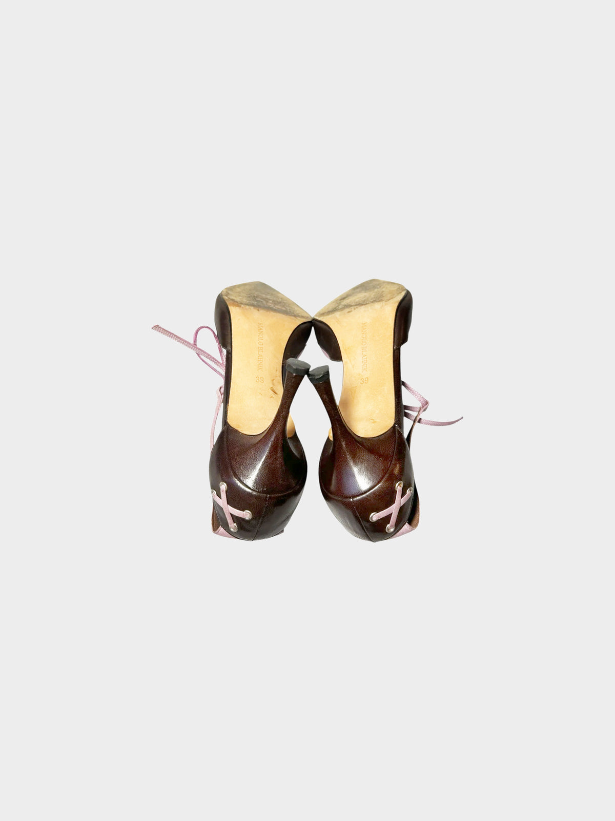 Manolo Blahnik 2000s Brown and Purple Leather Bow Tie Strappy Heels