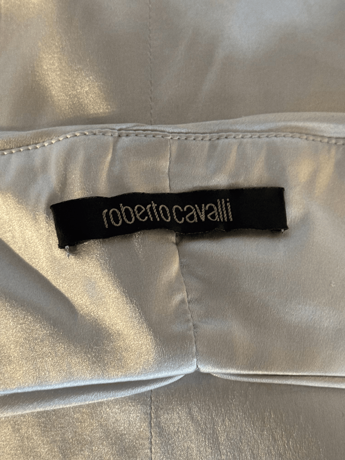 Roberto Cavalli 2000s Silver Silk Satin Ruched Plunge Cocktail Dress