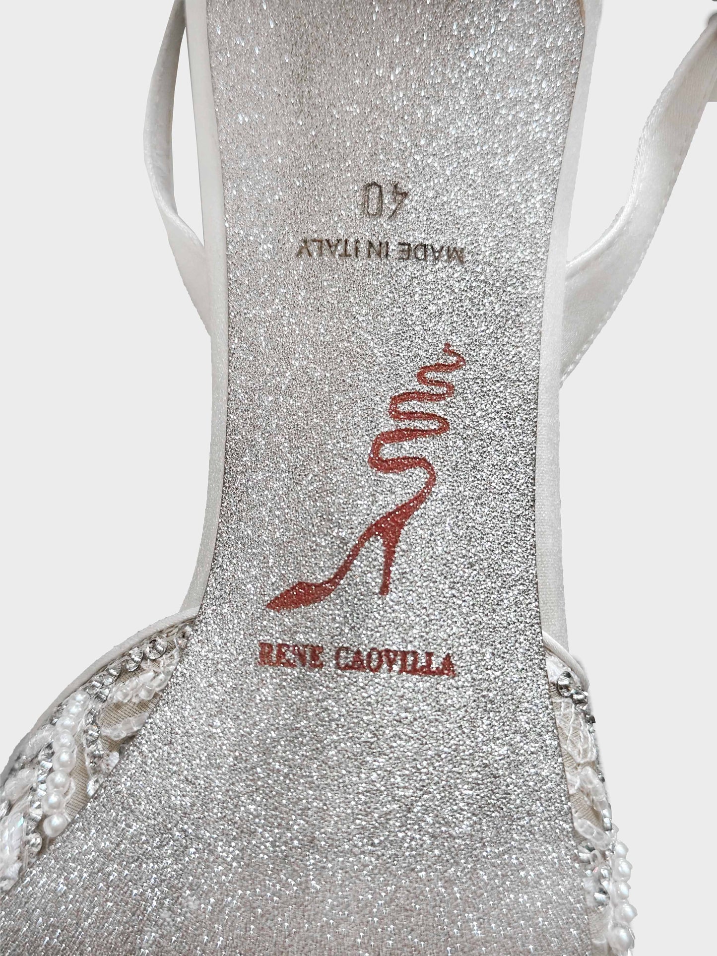 René Caovilla 2010s White and Silver Beaded Slingback Heels