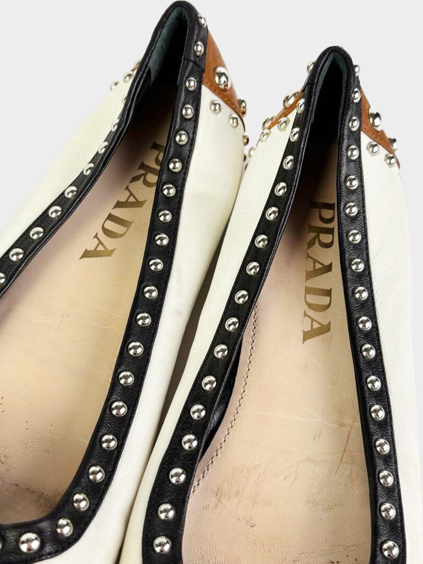 Prada 2013 Brown and White Leather Metal Studded Ballerina Flats