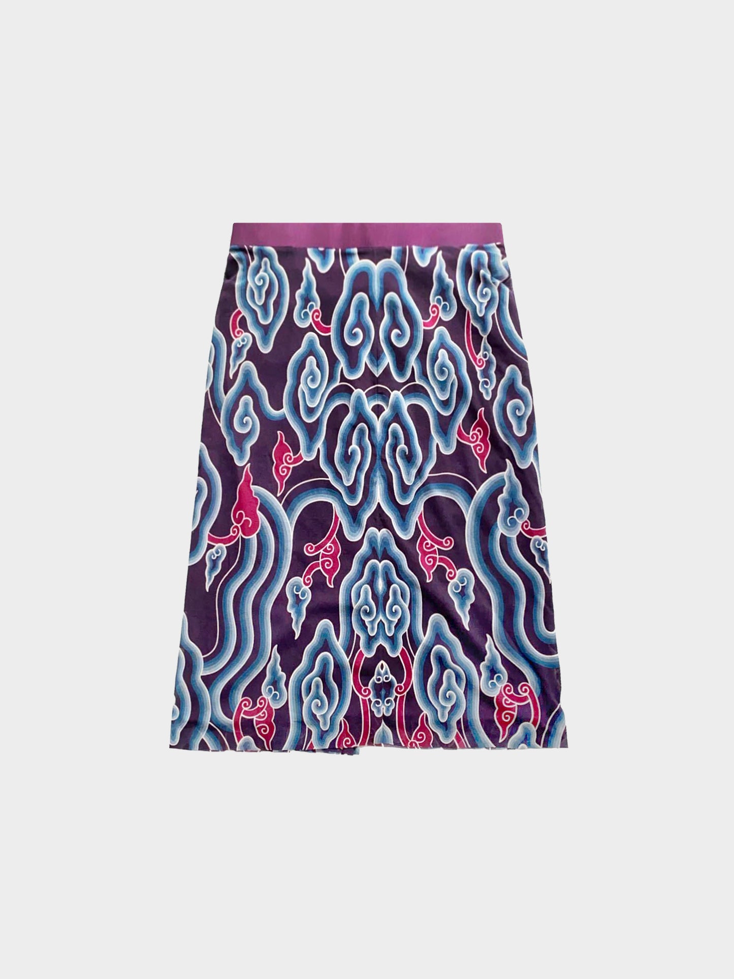 Vivienne Tam 2000s Purple Abstract Dragons Clouds Print Mesh Top and Skirt Set