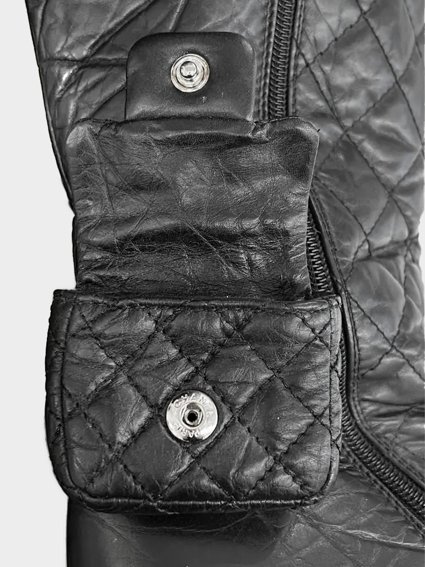 Chanel FW 2008 Black Quilted Calfskin Knee-high Boots with Ankle Pouch