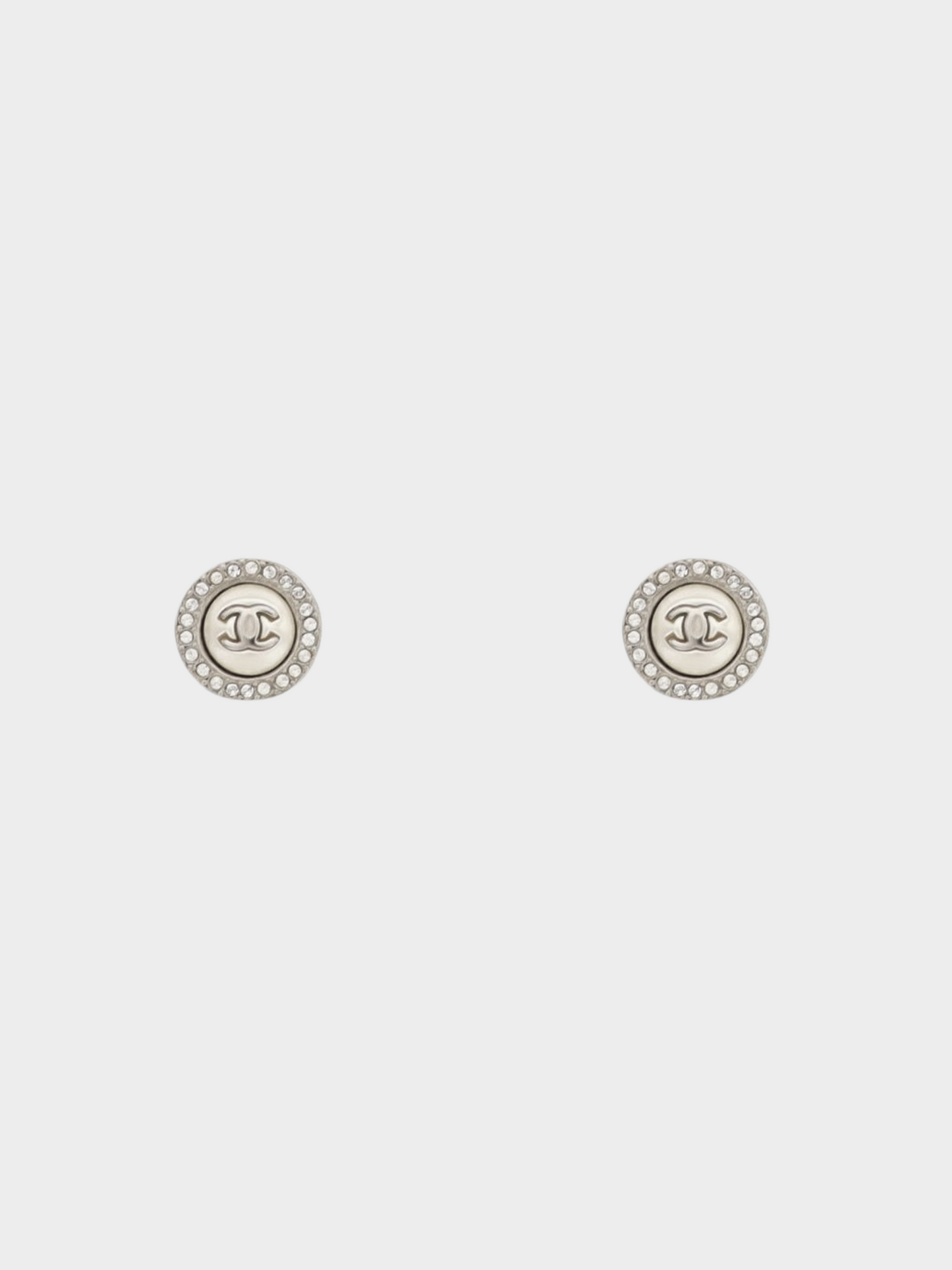 Chanel 2000s Silver CC Round Rhinestone Clip-on Earrings