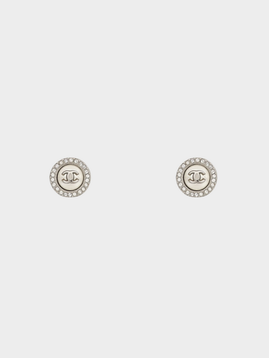 Chanel 2000s Silver CC Round Rhinestone Clip-on Earrings