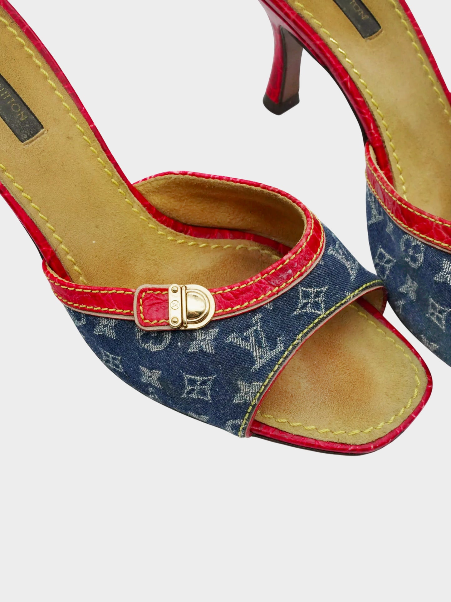 Louis Vuitton Resort 2005 Denim Monogram Heels with Red Alligator Trim