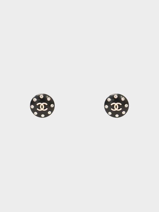 Chanel 2010s Black and Silver Rhinestone CC Round Clip-on Earrings