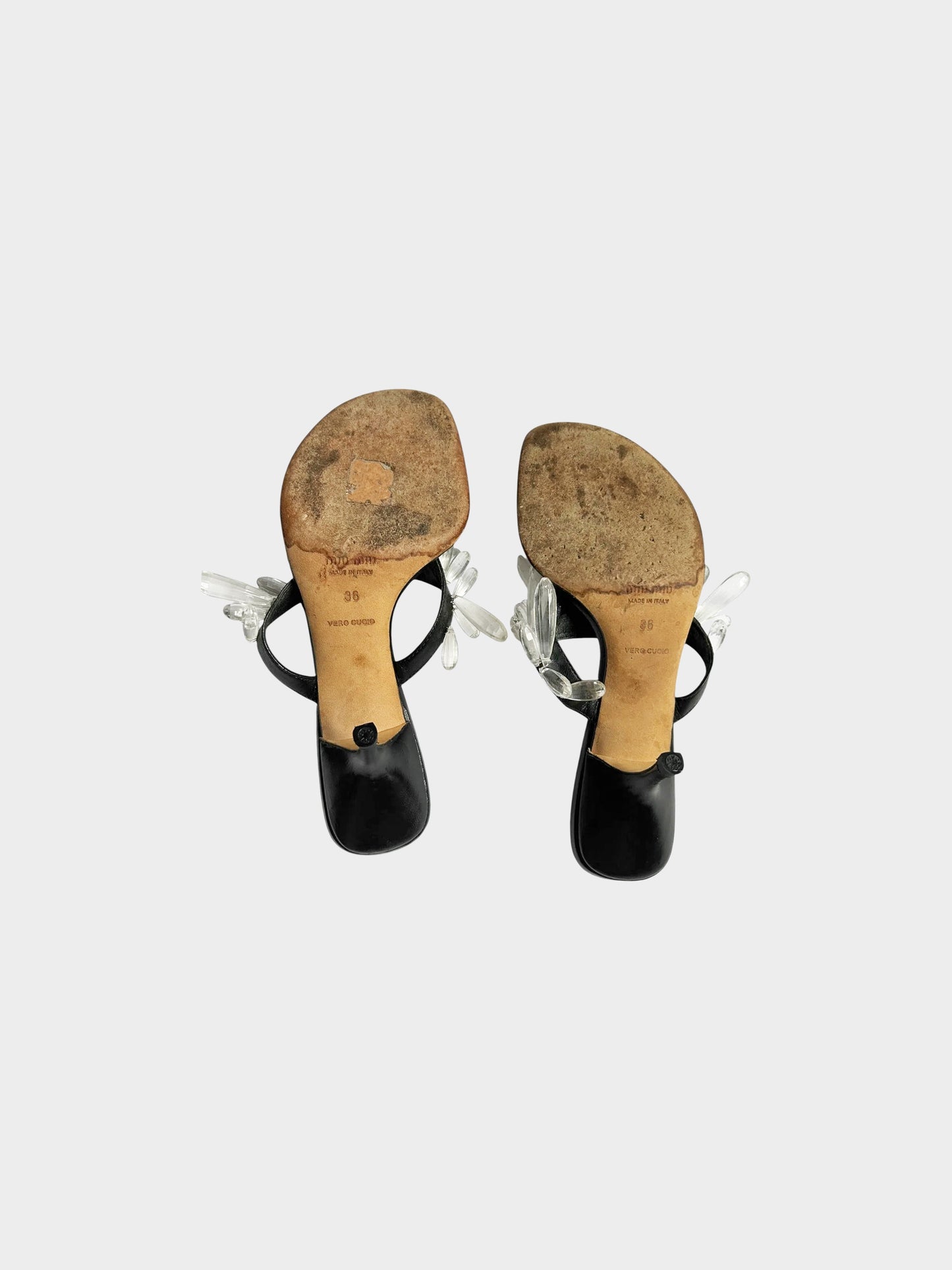 Miu Miu 2000s Black Leather Crystal Drop Heeled Mules