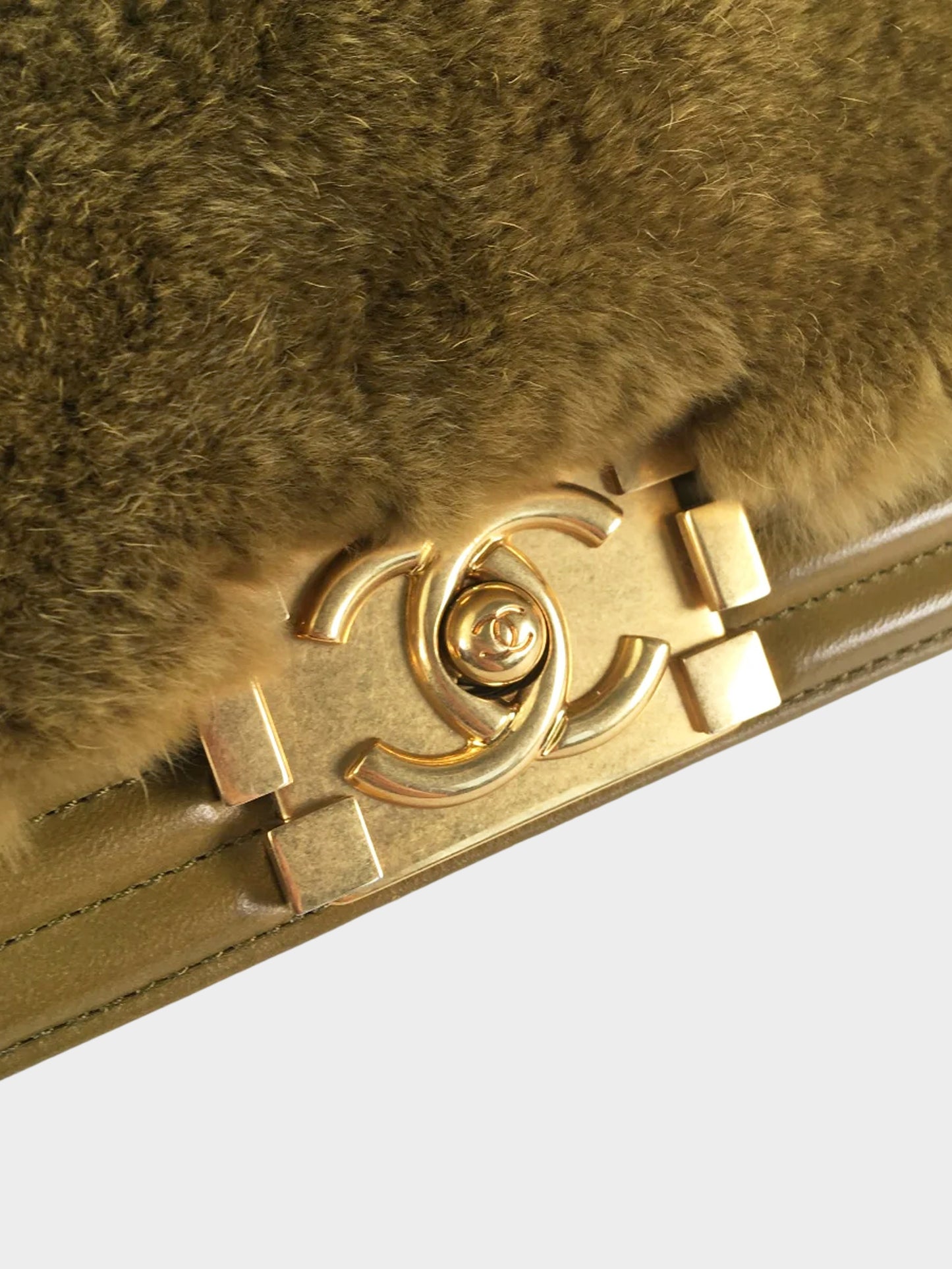 Chanel 2016-2017 Khaki Green Le Boy Lambskin and Fur Small Flap Bag