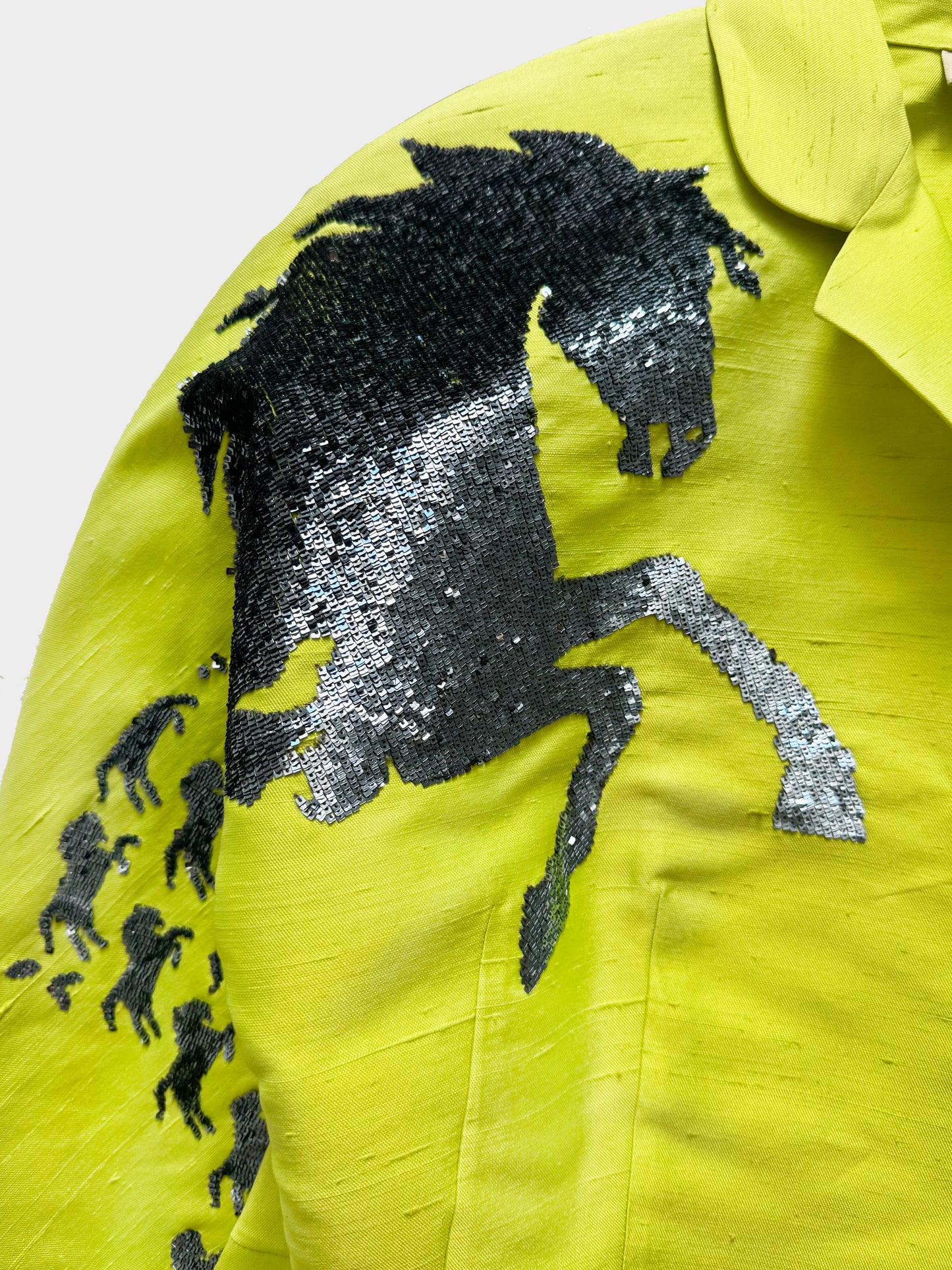 Chloé SS 2001 Runway Neon Yellow Silk Jacket and Denim Pants Horse Motif Set