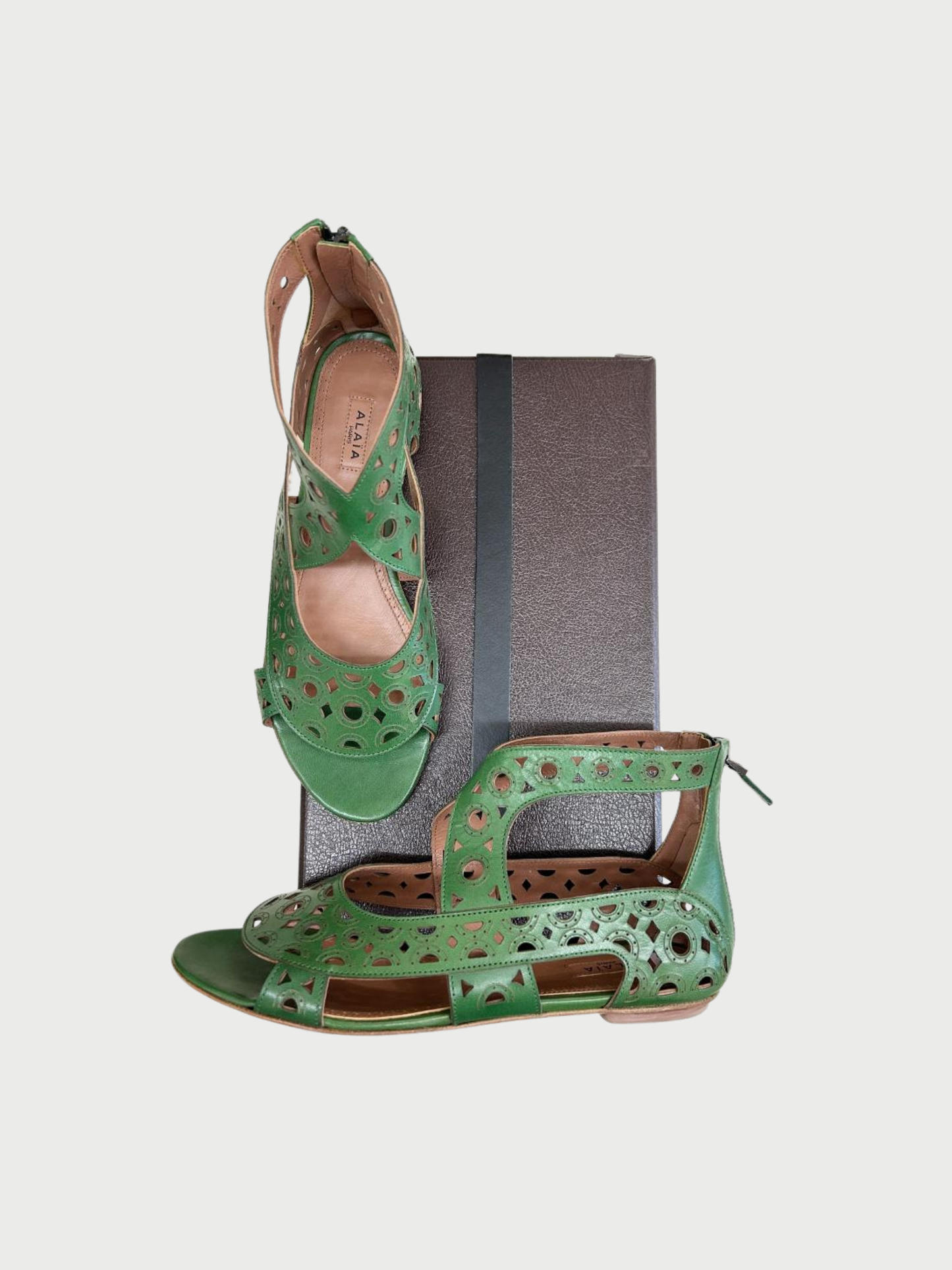 Alaïa 2010s Green Leather Laser Cut Sandals
