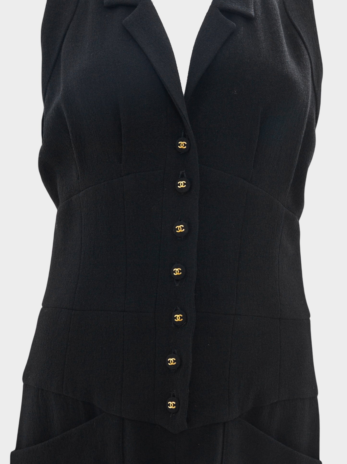 Chanel by Karl Lagerfeld SS 1995 Black Sleeveless Midi Dress with Button Up Closure