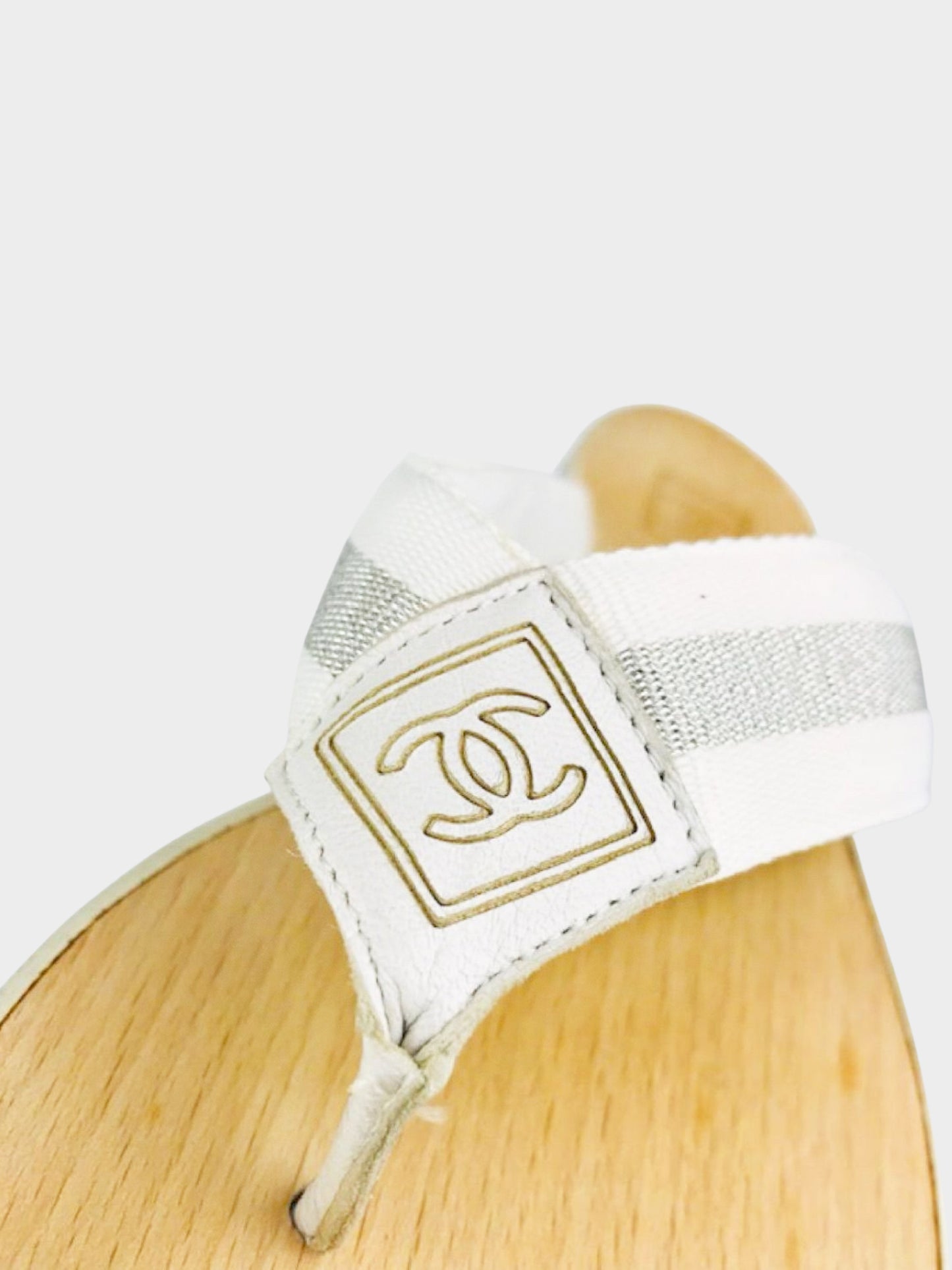Chanel Sport Mid-2000s White Canvas and Leather Wooden Thong Sandals