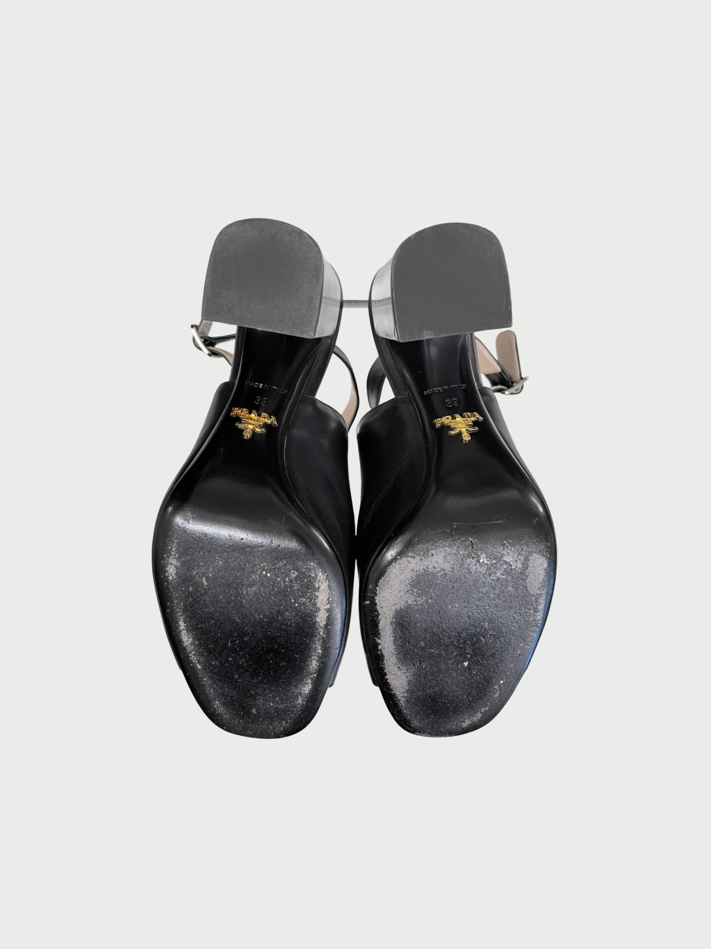 Prada 2010s Black Leather Silver Block Heel Sandals