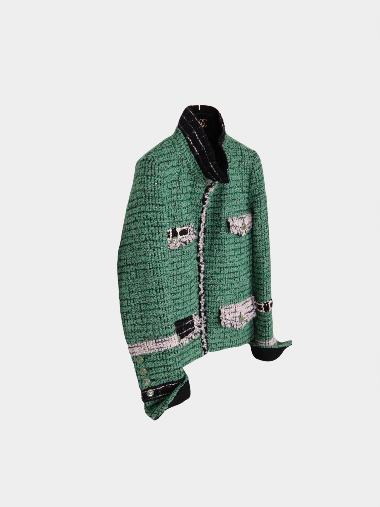 Chanel 2000s Green Bouclé Tweed Color-Block Four-Pocket Jacket