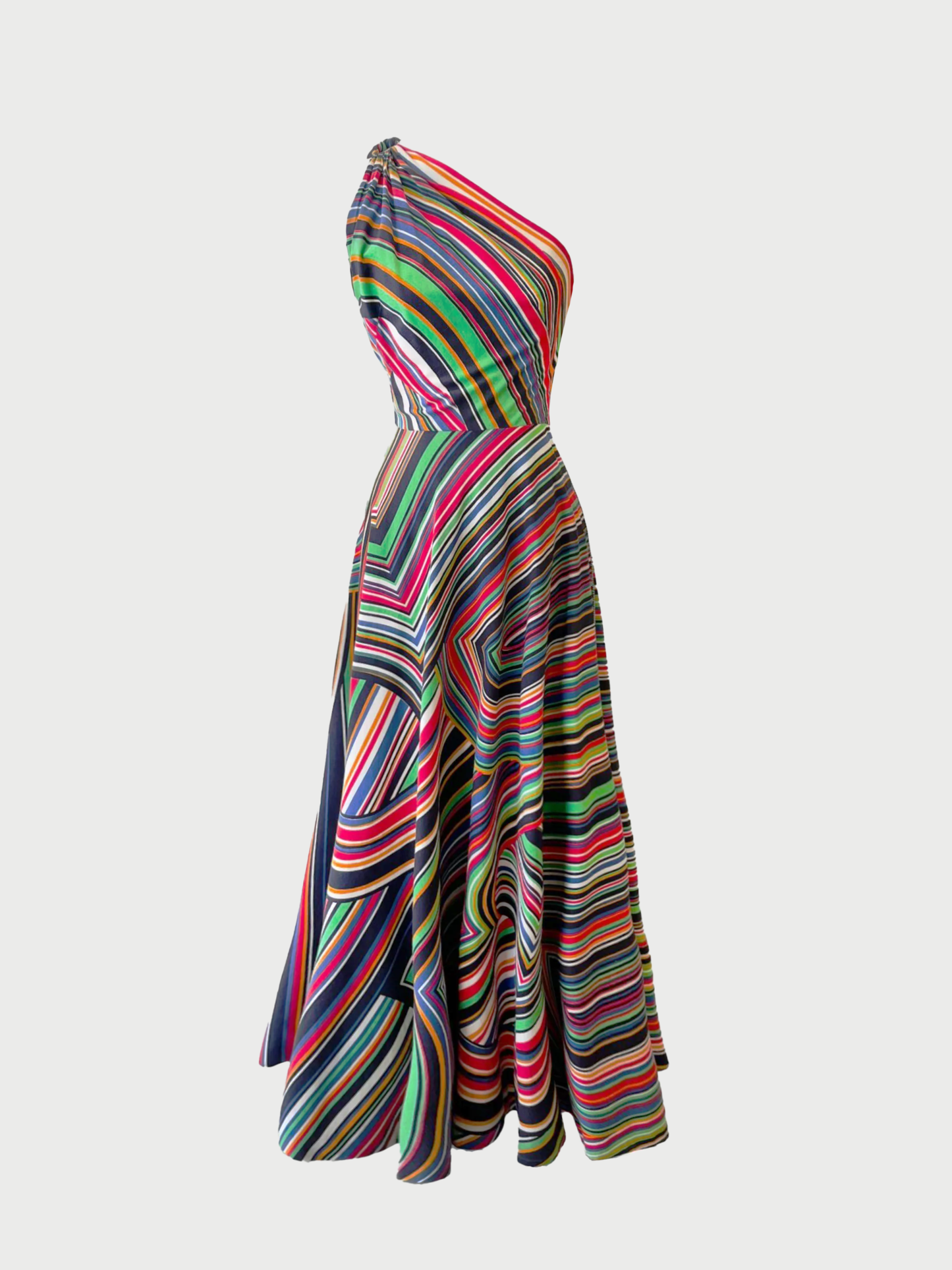 Lanvin by Jules-François Crahay SS 1972 Multicolor Striped Cotton One-Shoulder Gown