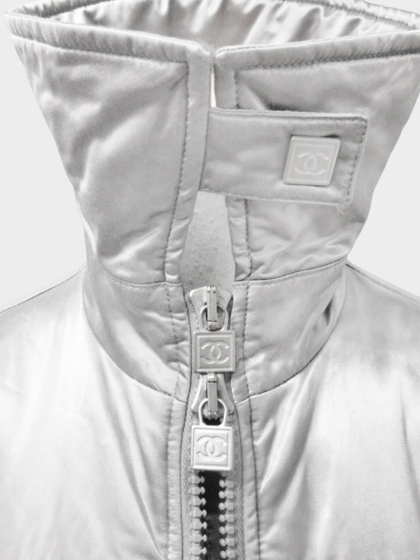 Chanel Sport Fall 2004 Vintage Metallic Silver CC Zip-up Long Coat