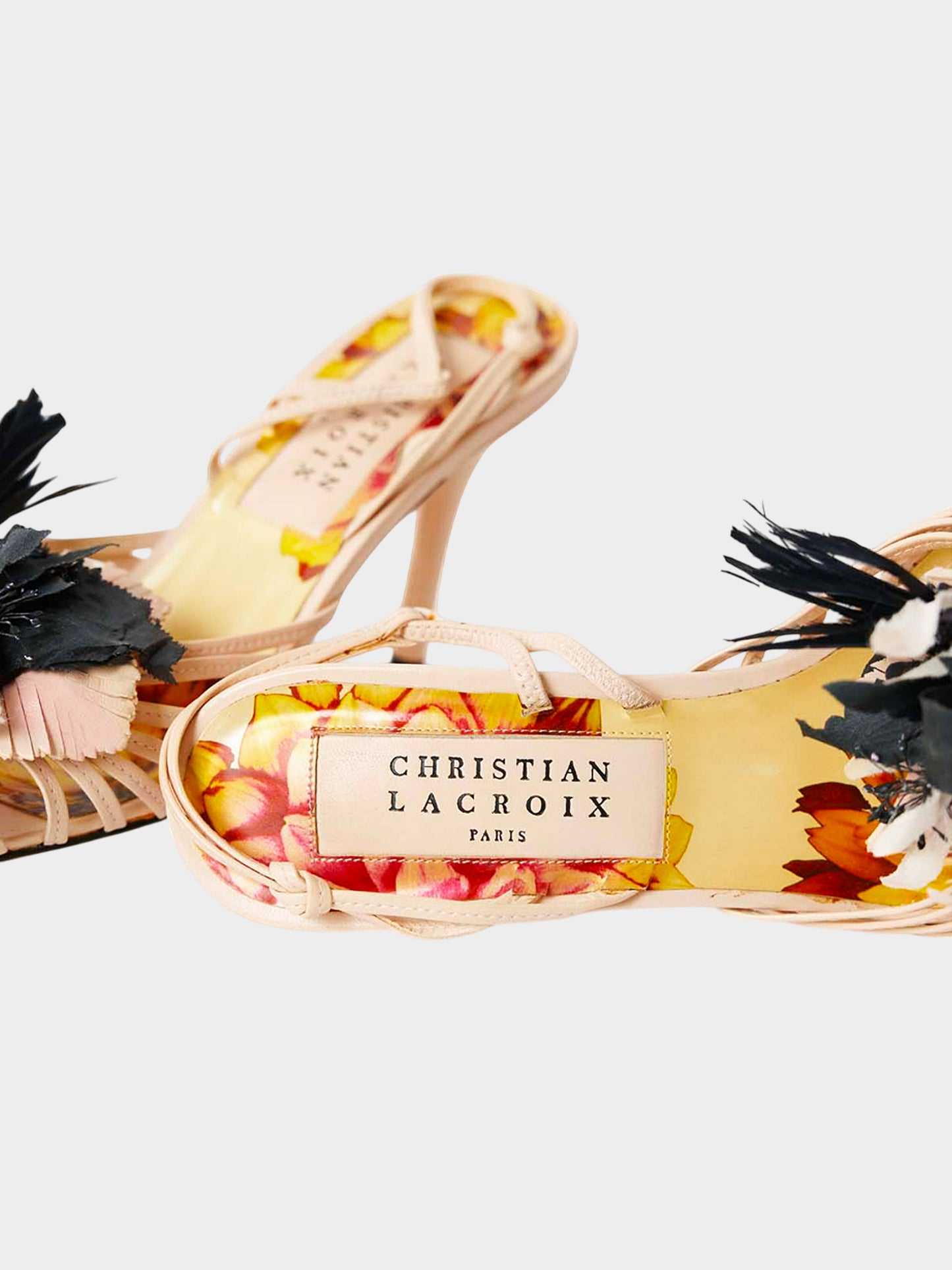 Christian Lacroix 2000s Pink and Black Floral Leather Heeled Sandals