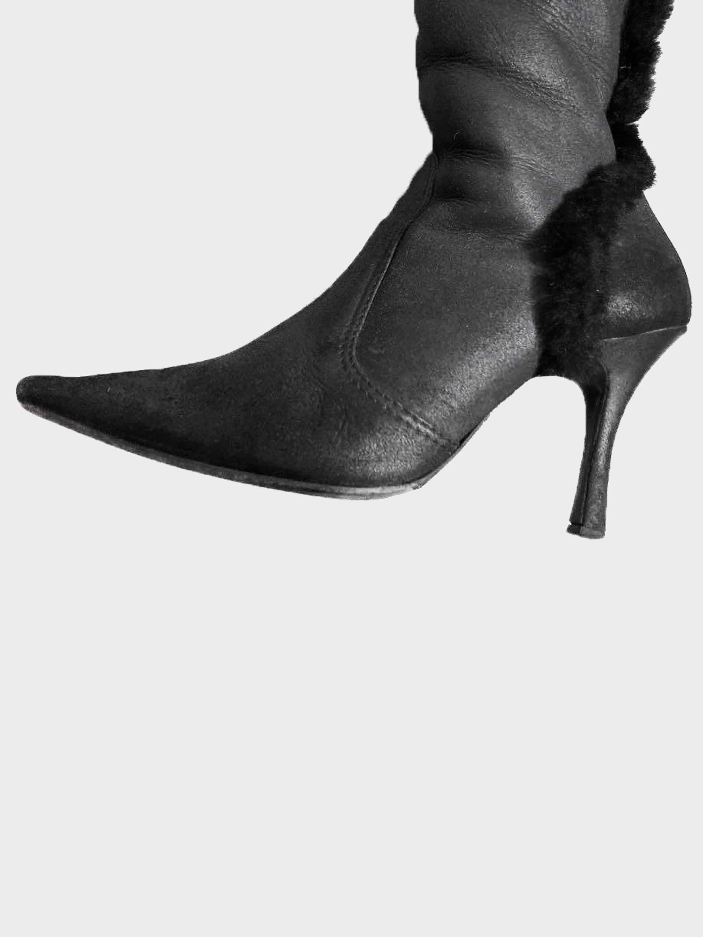 René Caovilla 2000s Black Leather and Fur Trim Long Boots