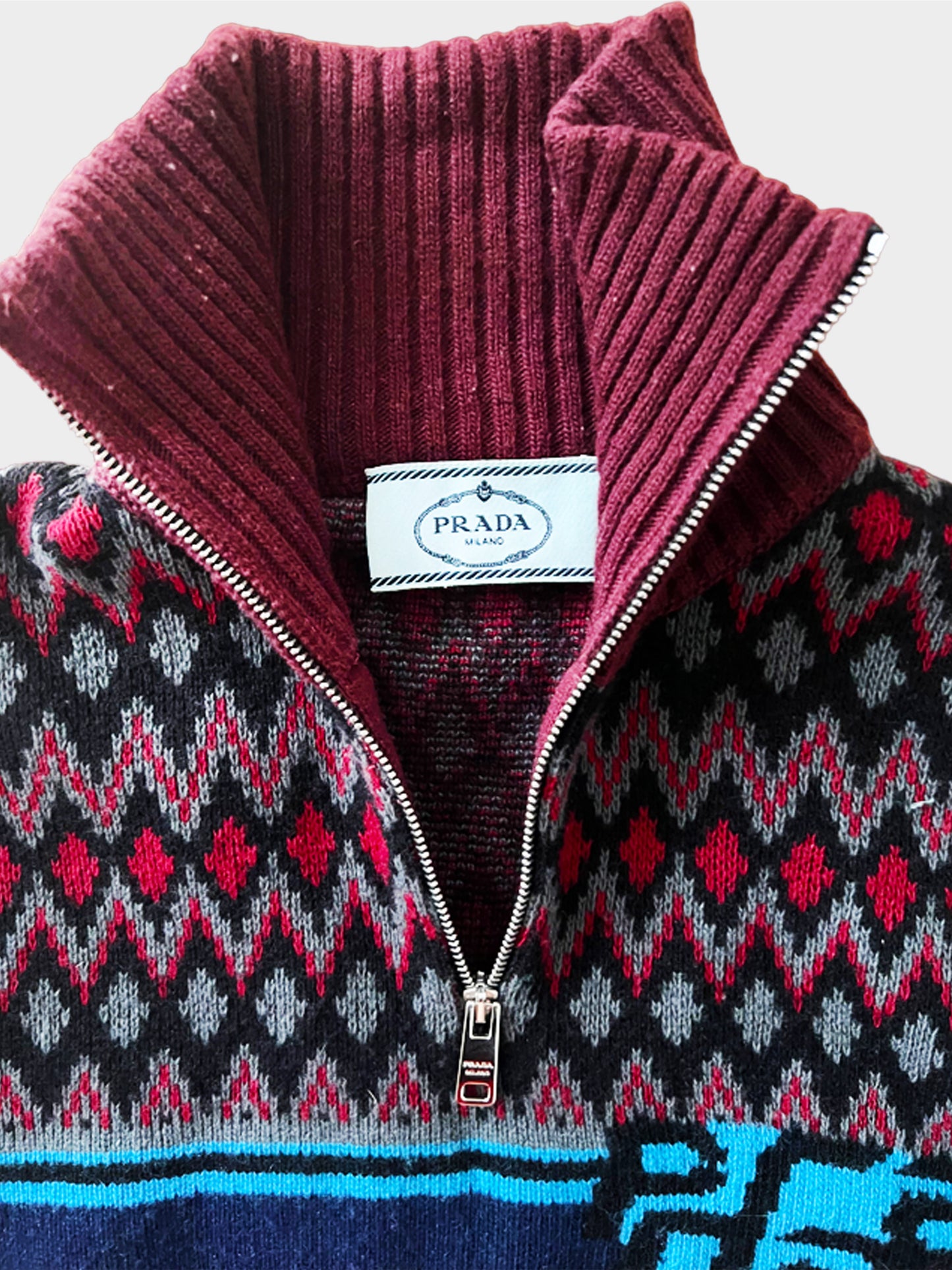 Prada FW 2018 3/4 Zip Graphic Burgundy Sweater