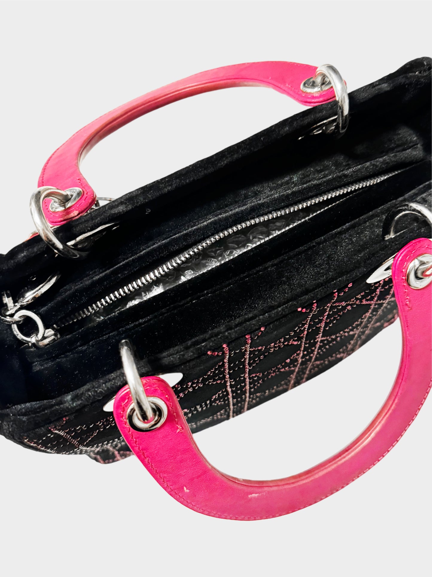 Christian Dior 2000s Black Velvet Lady Dior Pink Rhinestone Cannage Handbag