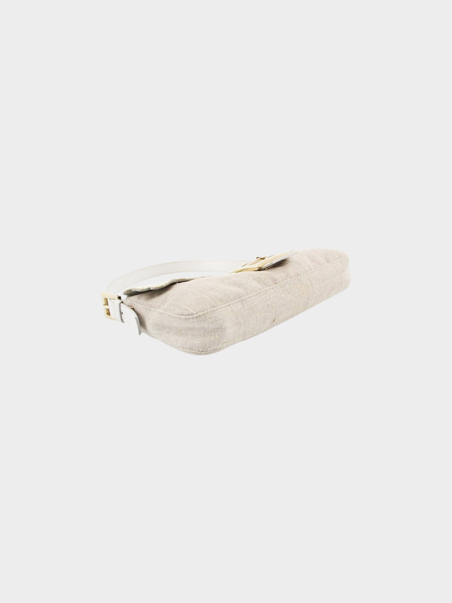 Fendi 2000s Beige and White Floral Embroidered Linen Baguette