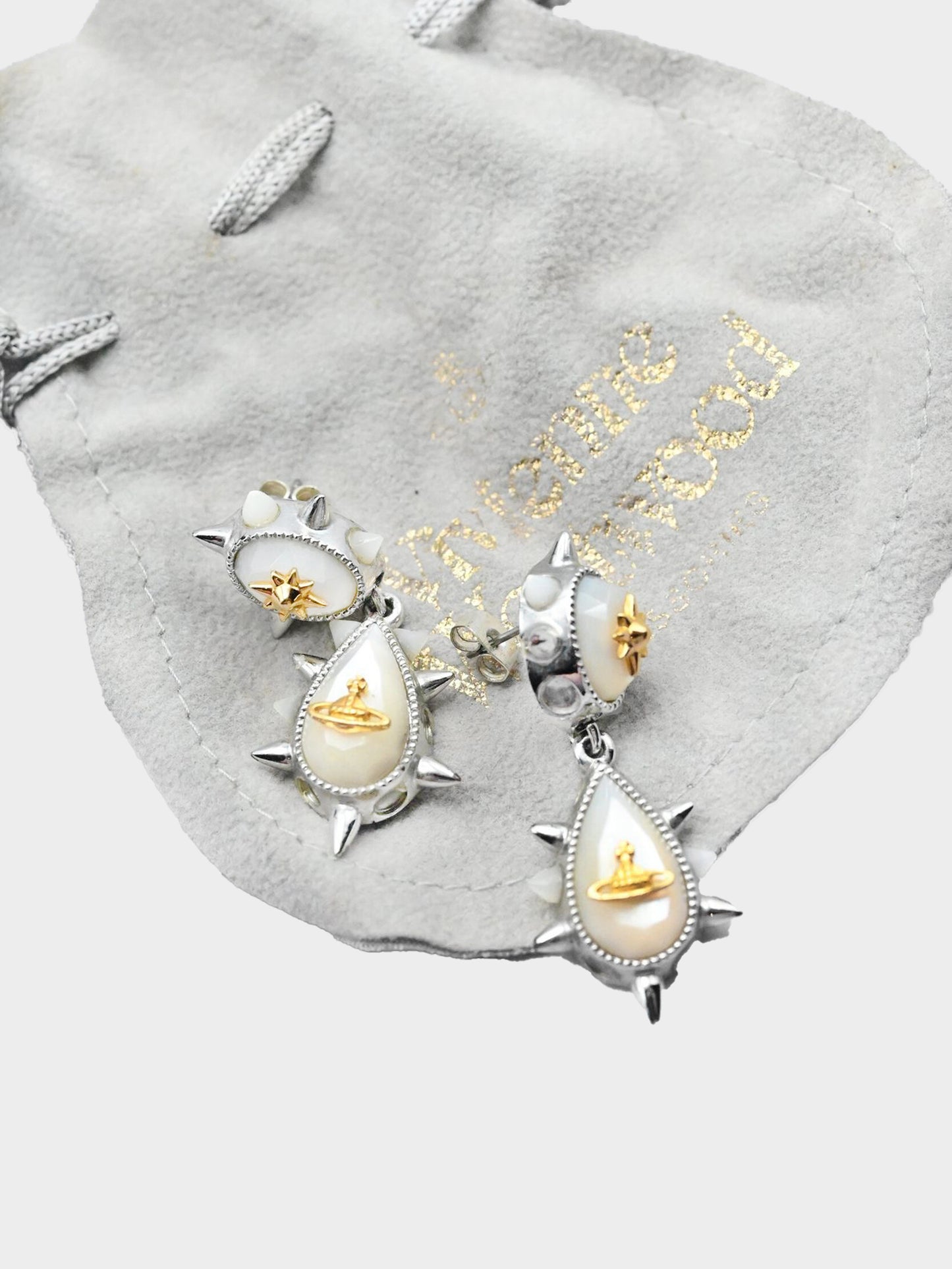 Vivienne Westwood Mid-2000s Silver Spike Studded Faux Pearl Resin Orb Earrings
