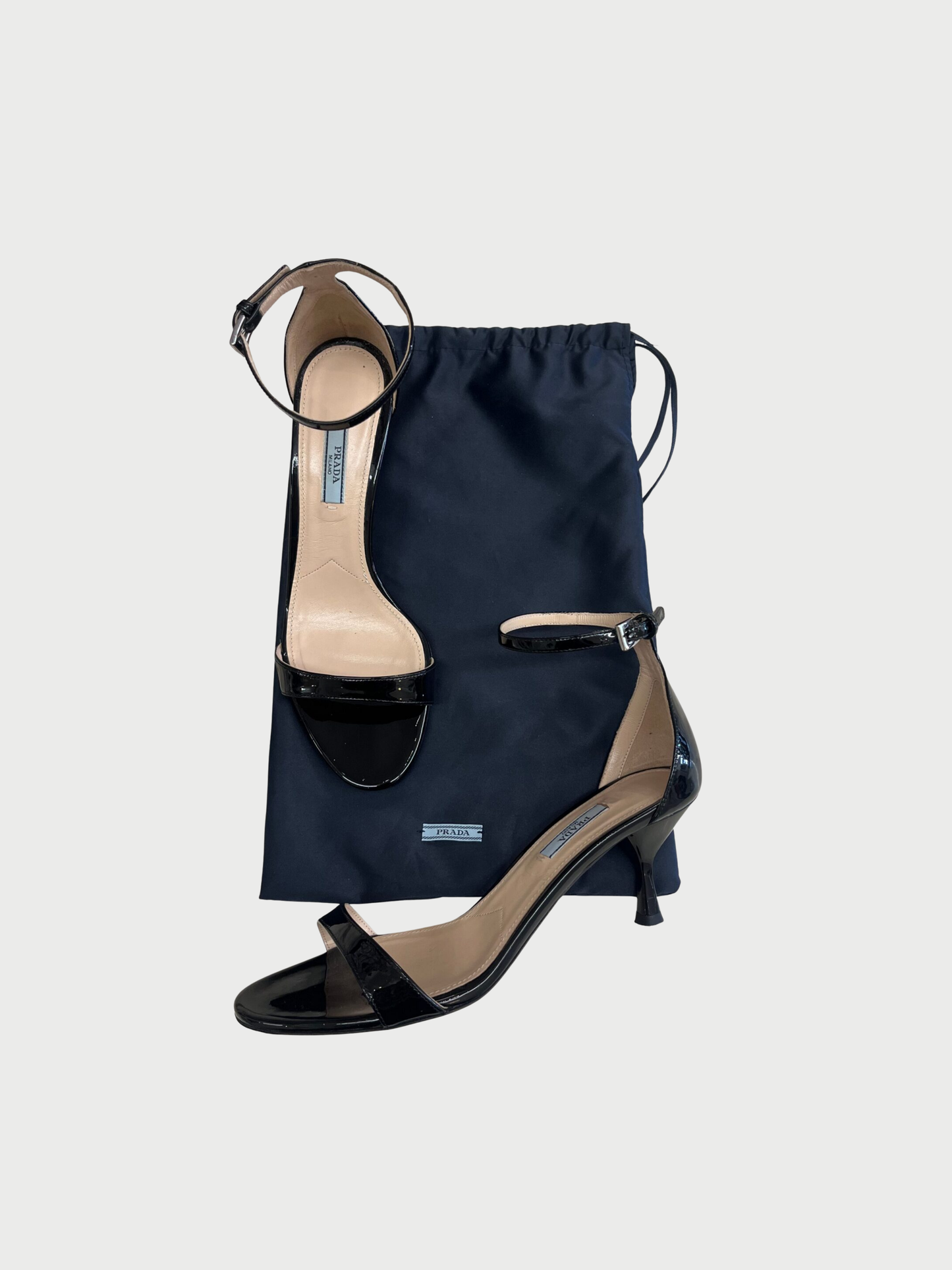 Prada 2000s Black Patent Leather Kitten Heel Sandals