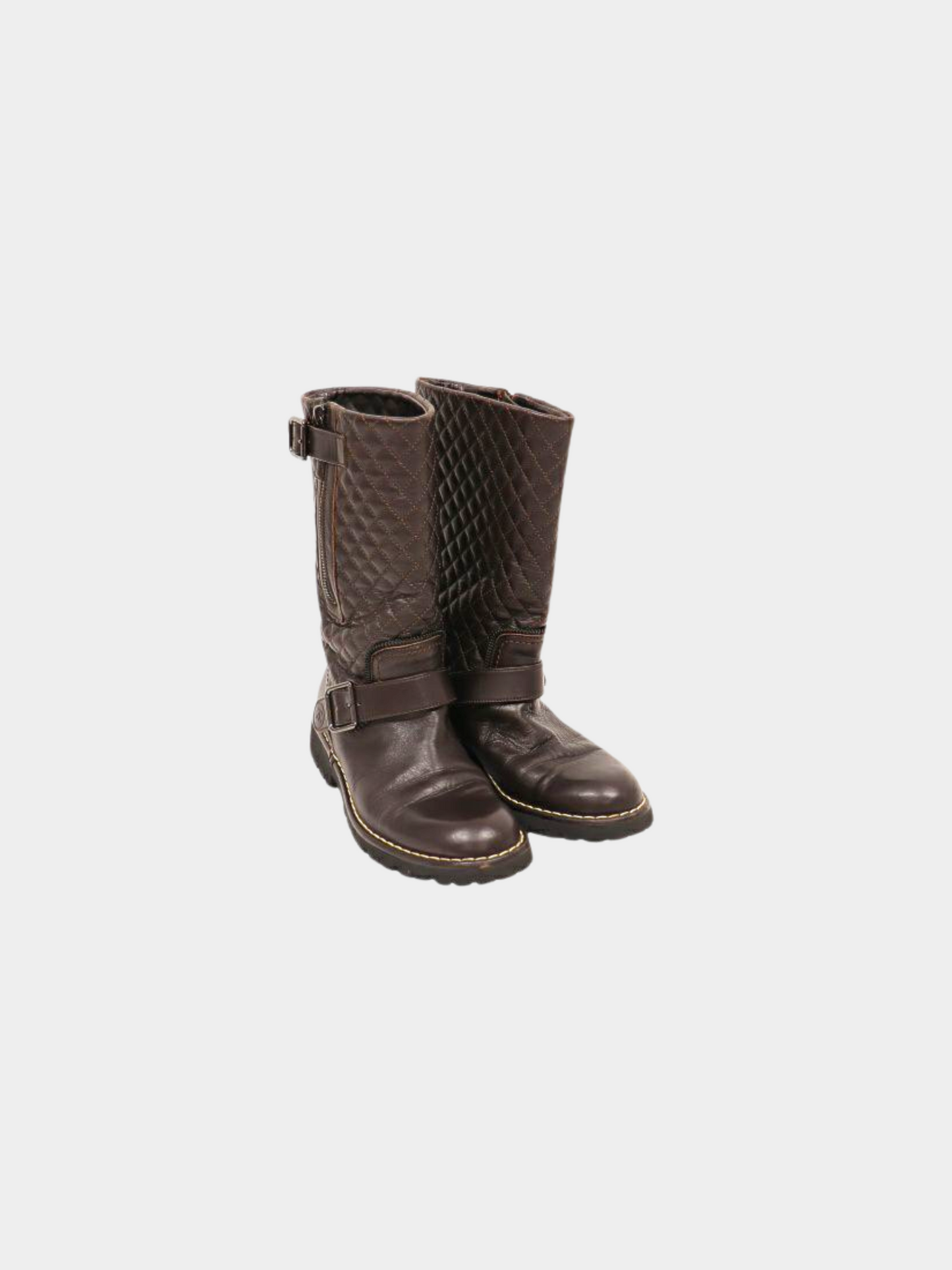 Chanel 2000s Brown Quilted Buckle Biker Boots