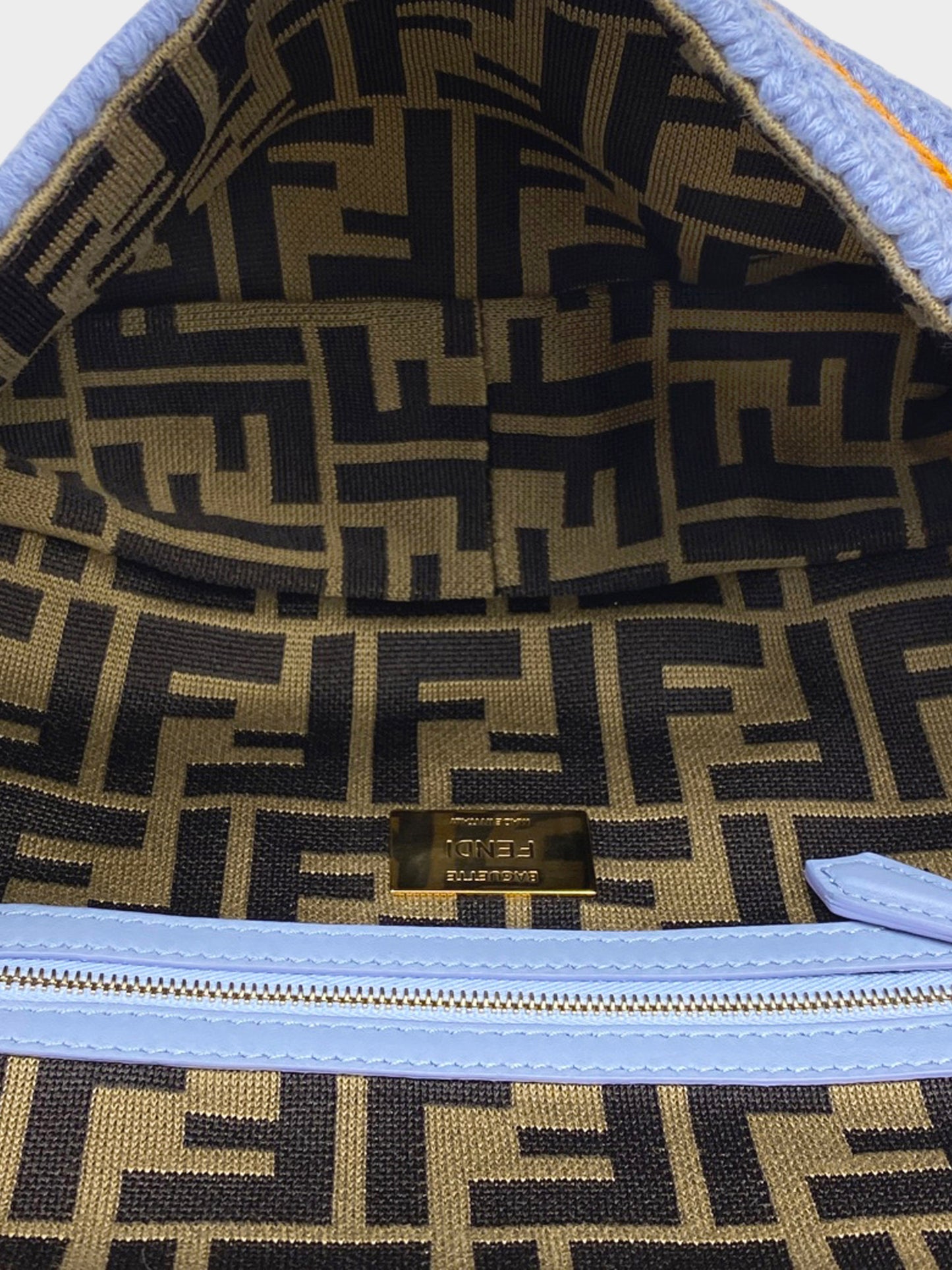 Fendi 2021 Light Blue Wool Knit Floral Embroidered Baguette Bag